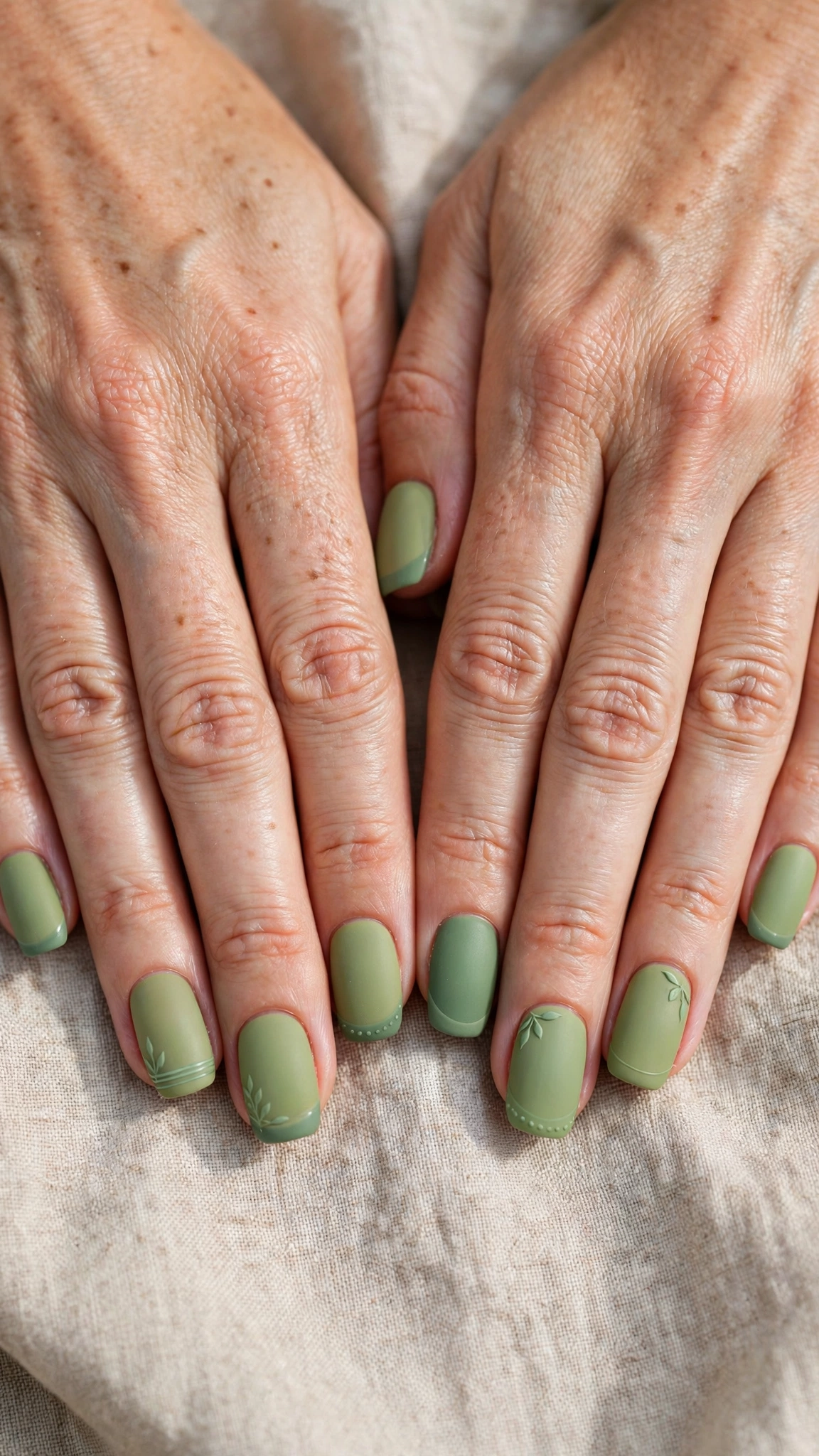 Rounded Square Pistachio Green and Sage Nail Designs with a matte finish and sage tips