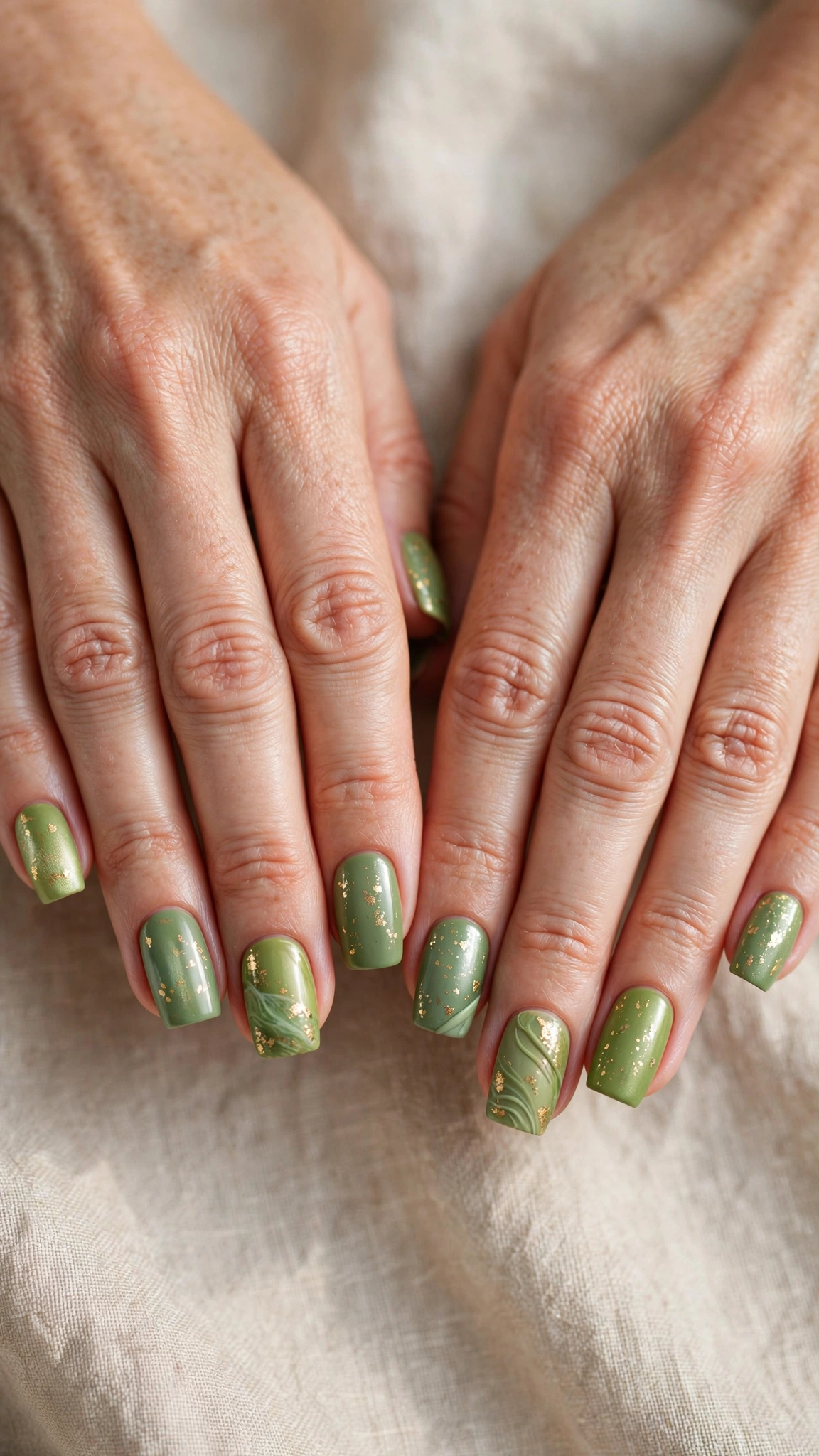 Square Pistachio Green and Sage Nail Designs with a satin finish and a gold foil fleck