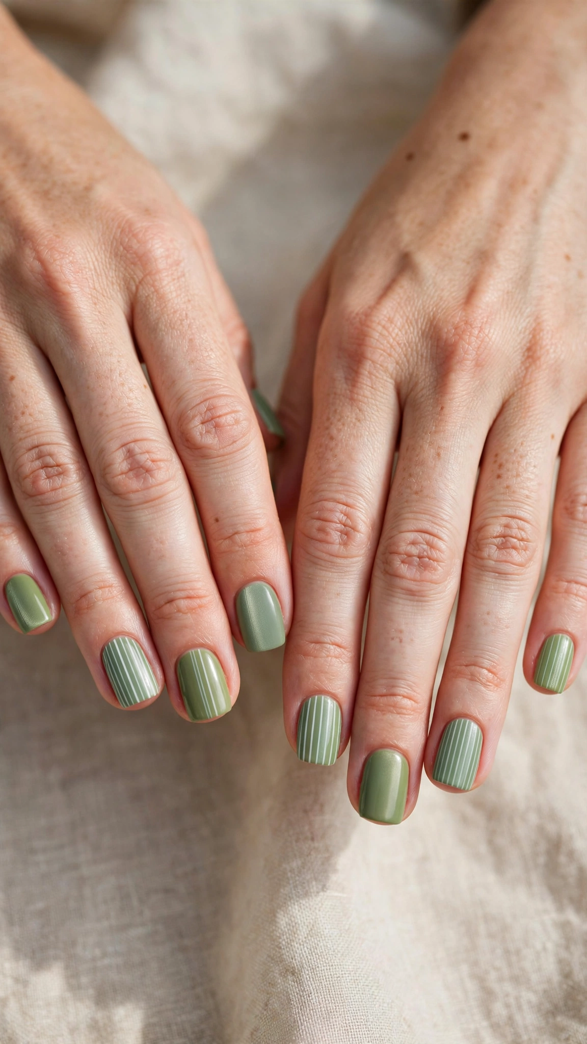 Short Square Pistachio Green and Sage Nail Designs with a satin finish and sage and white stripes