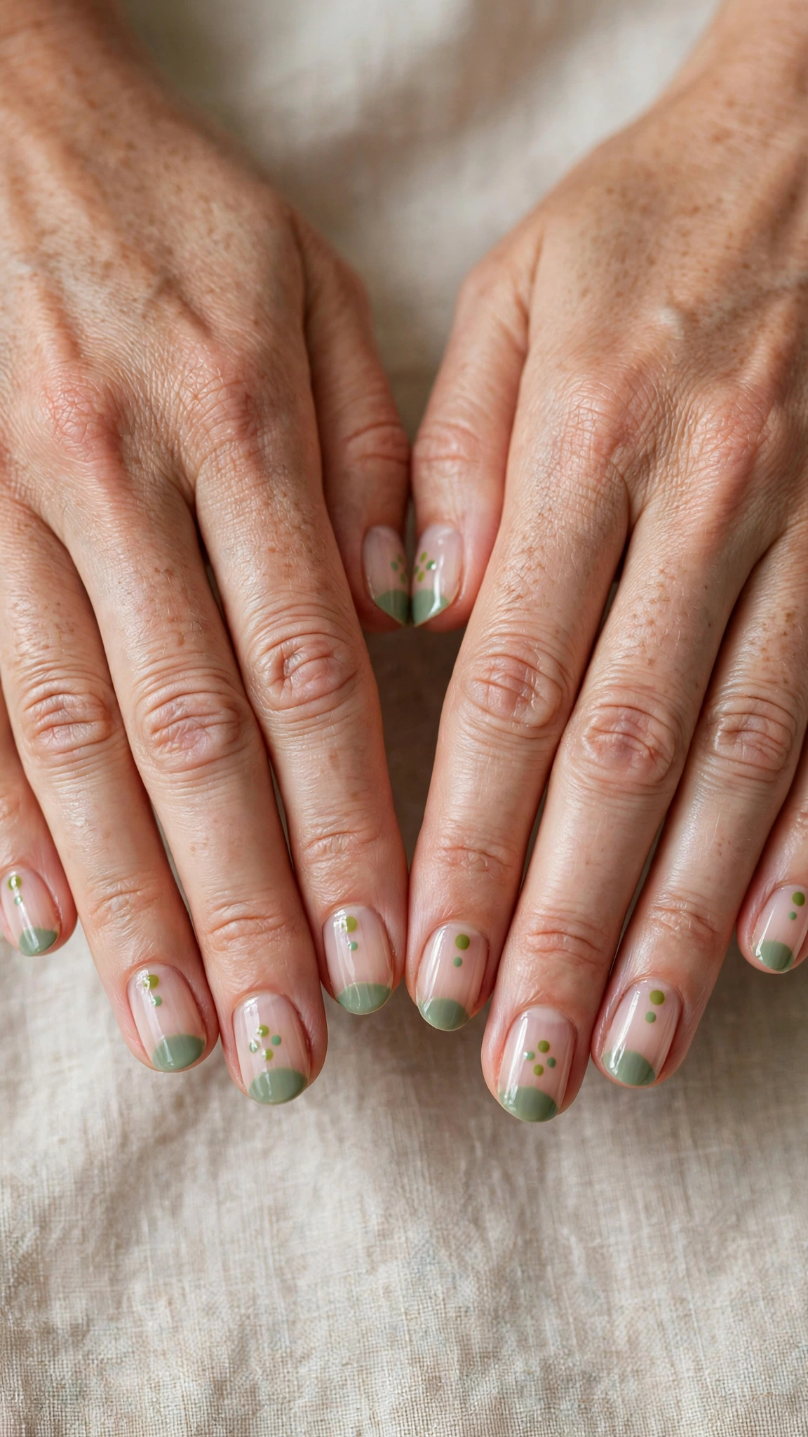 Round Pistachio Green and Sage Nail Designs with a sheer finish and a sage half-moon
