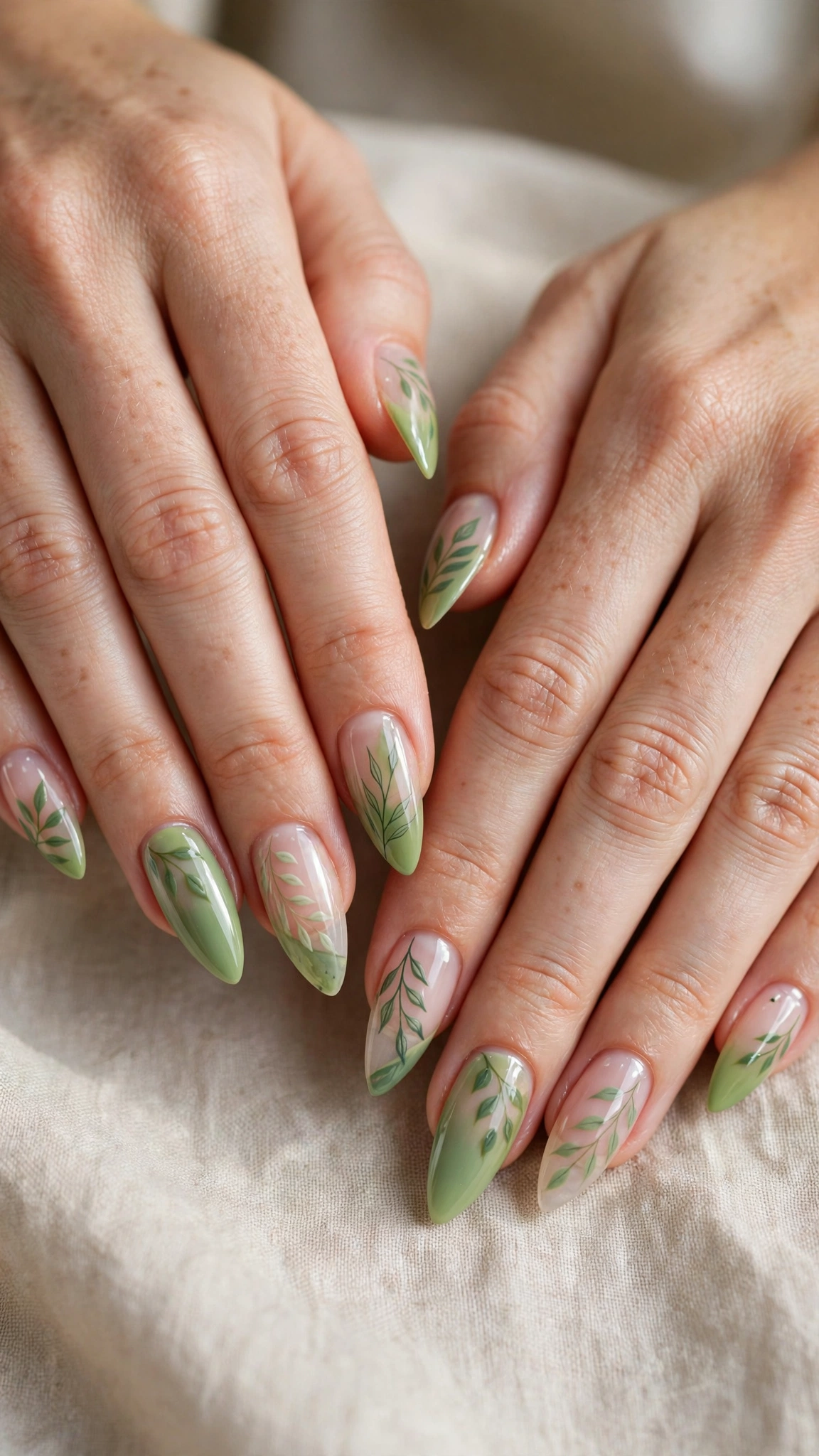 Soft Stiletto Pistachio Green and Sage Nail Designs with a sheer finish and sage leaf detail