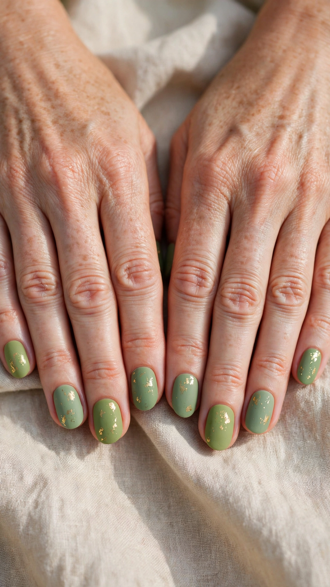 Short Oval Pistachio Green and Sage Nail Designs with a matte finish and a gold foil fleck