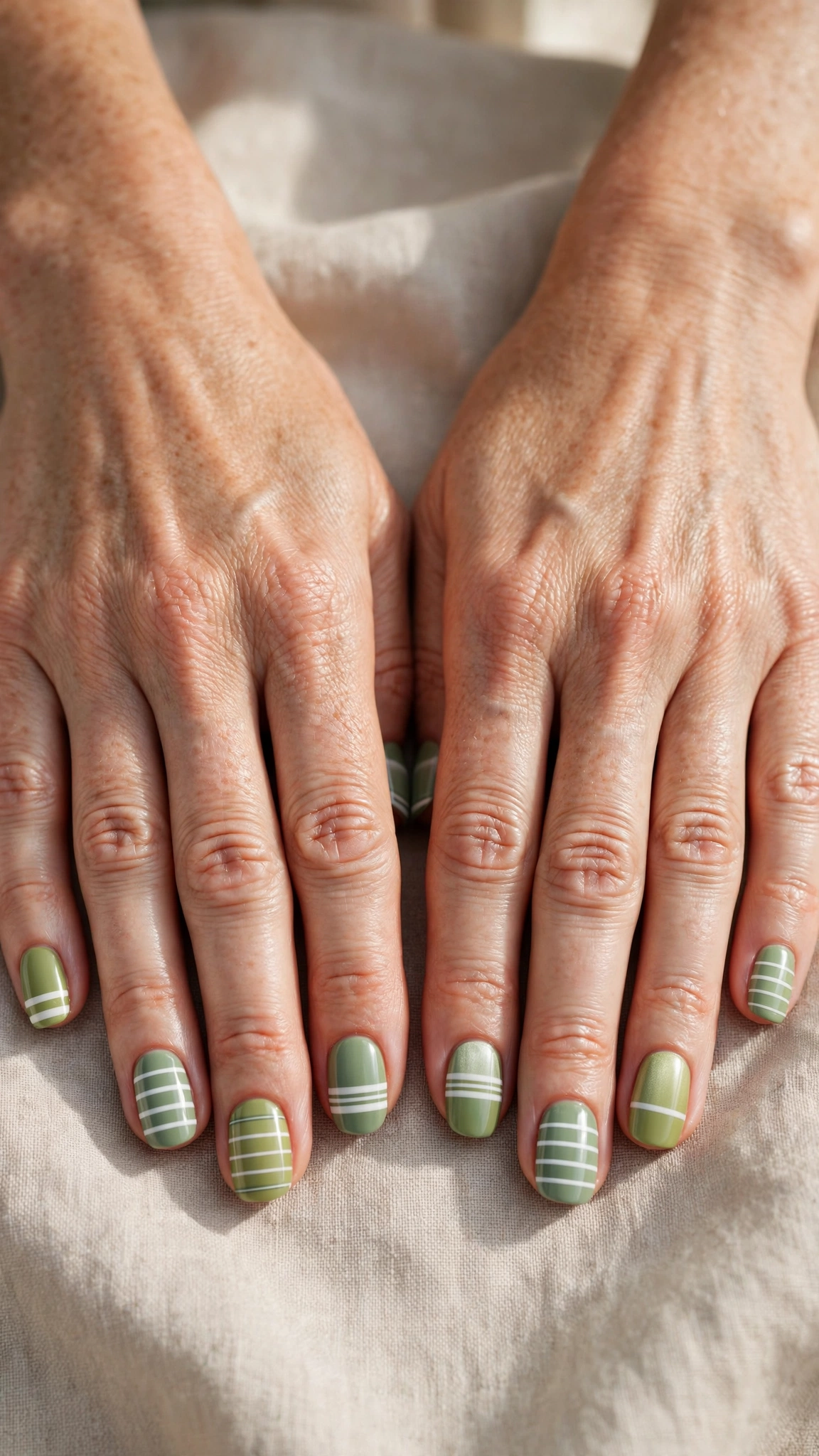 Rounded Square Pistachio Green and Sage Nail Designs with a satin finish and sage and white stripes