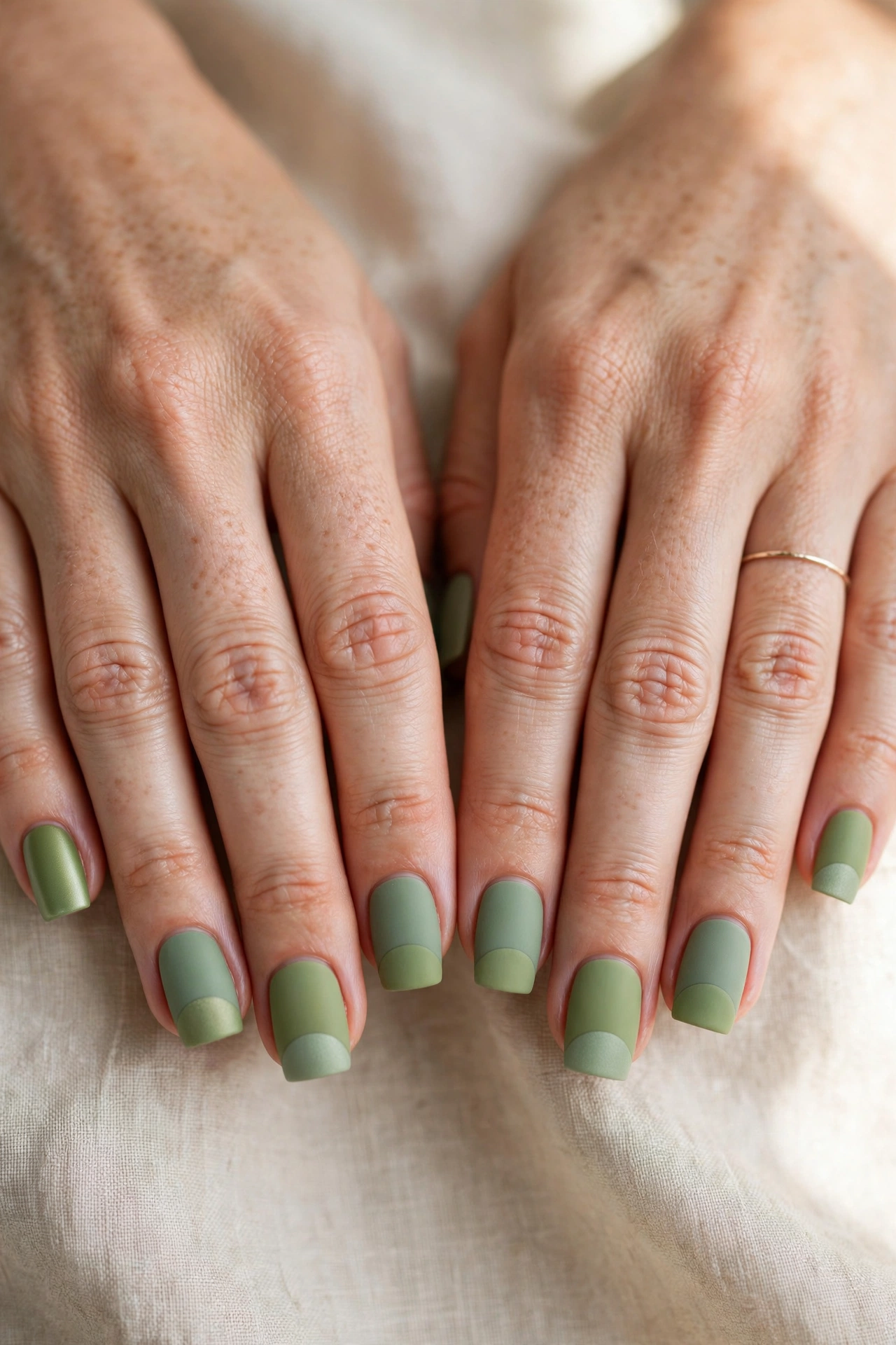 Square Pistachio Green and Sage Nail Designs with a satin finish and a sage half-moon