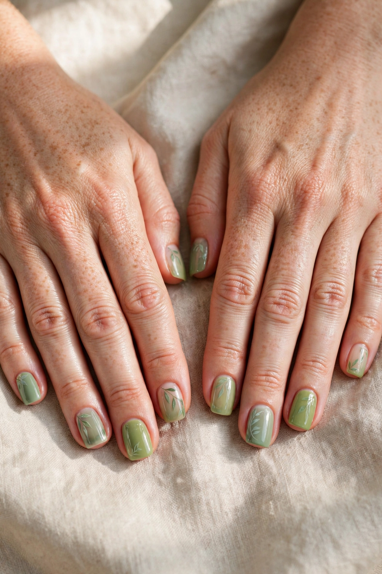 Short Square Pistachio Green and Sage Nail Designs with a sheer finish and sage leaf detail