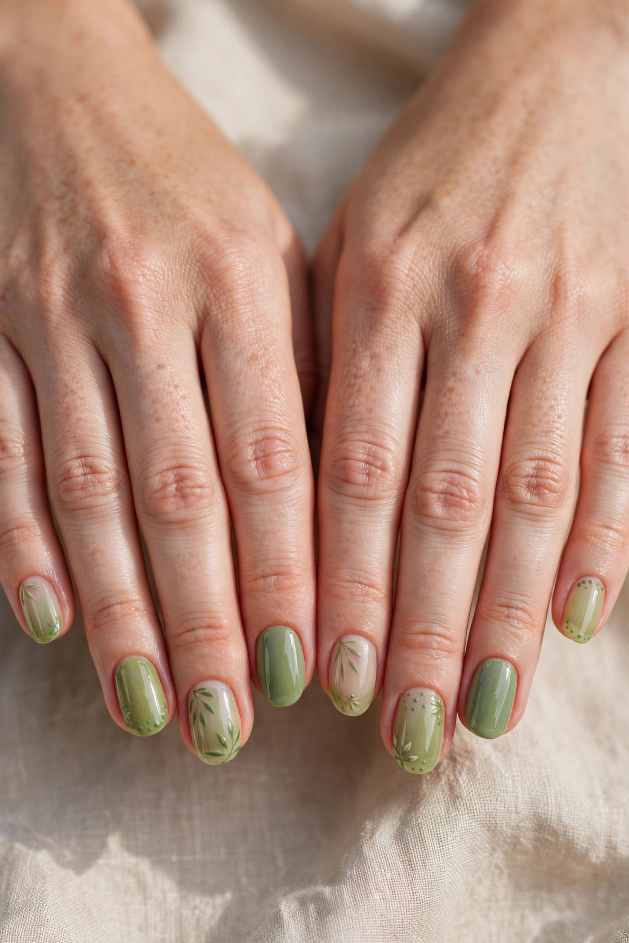 Round Pistachio Green and Sage Nail Designs with a sheer finish and a sage accent nail