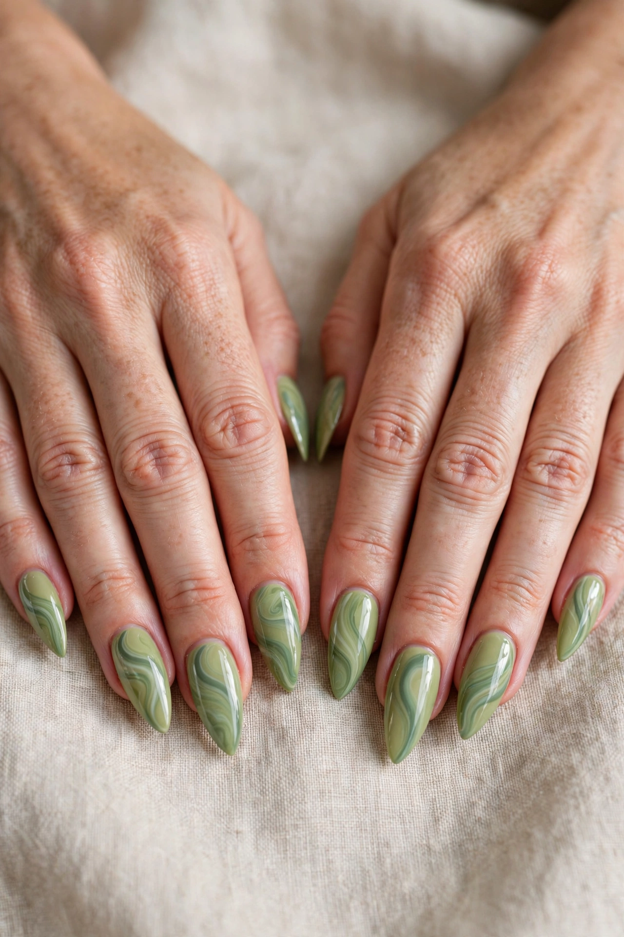 Soft Stiletto Pistachio Green and Sage Nail Designs with a glossy finish and sage swirls