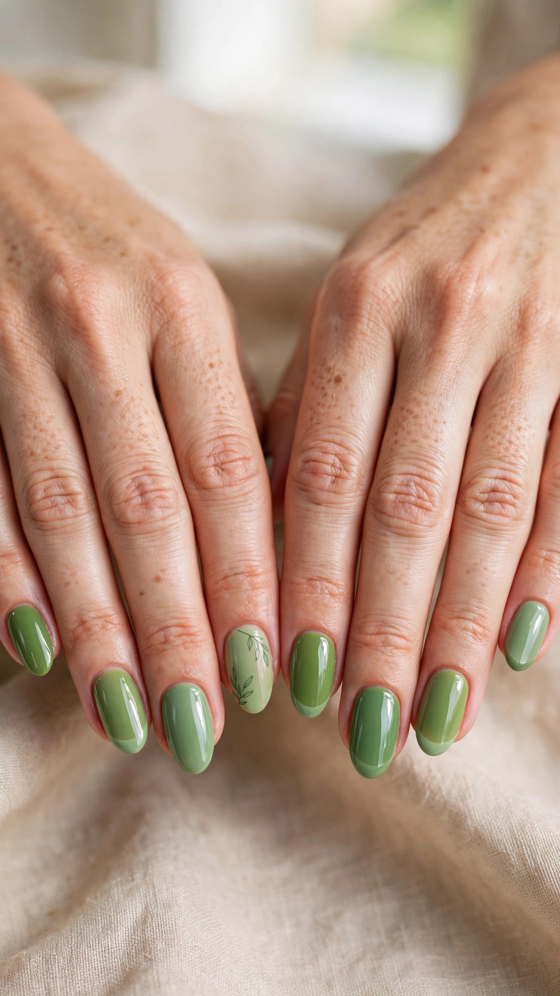 Almond Pistachio Green and Sage Nail Designs with a glossy finish and a sage French tip