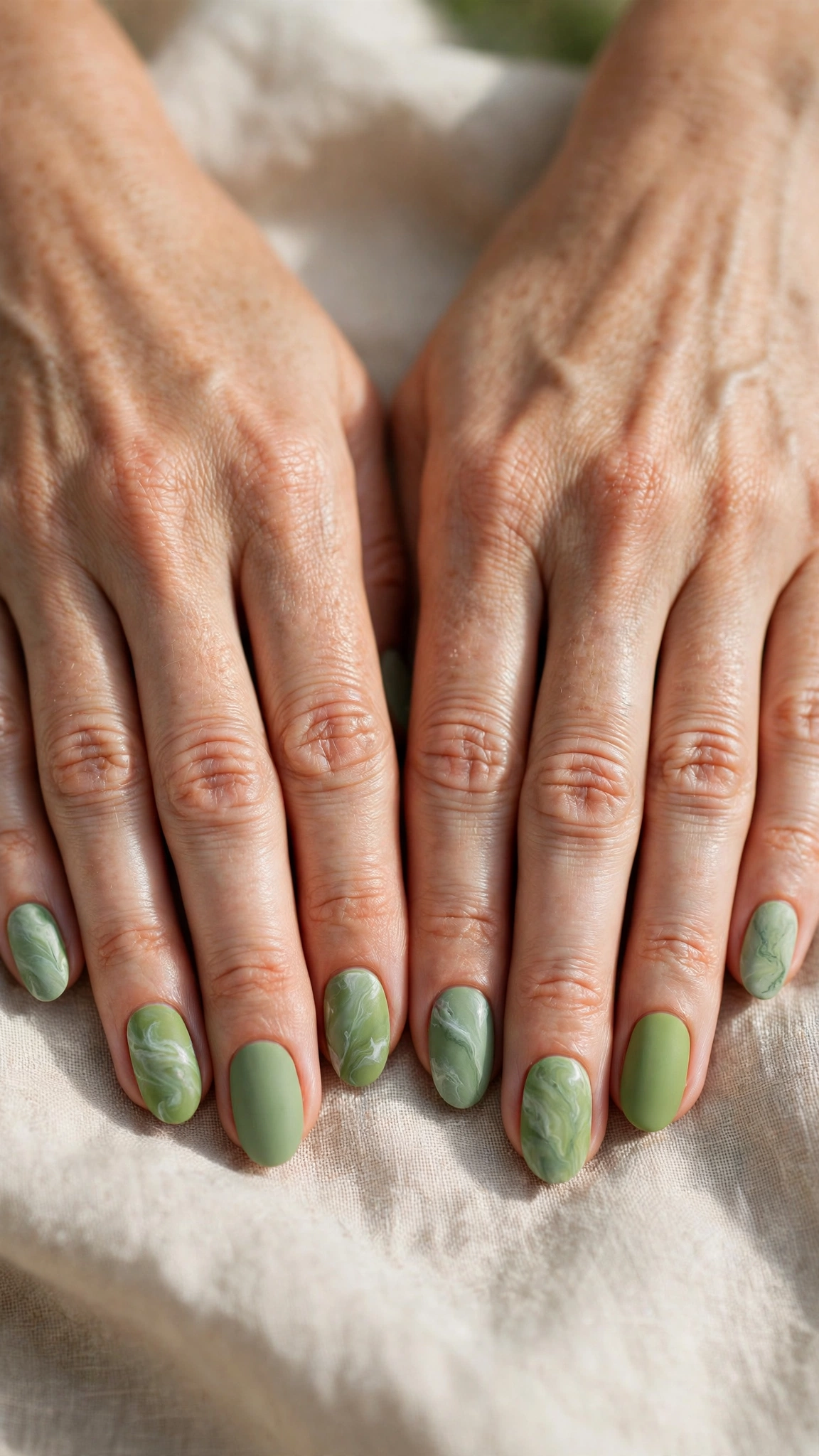 Oval Pistachio Green and Sage Nail Designs with a matte finish and sage marble detail