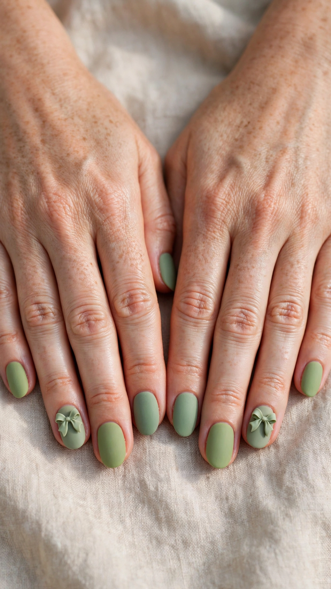 Short Oval Pistachio Green and Sage Nail Designs with a matte finish and a sage bow accent