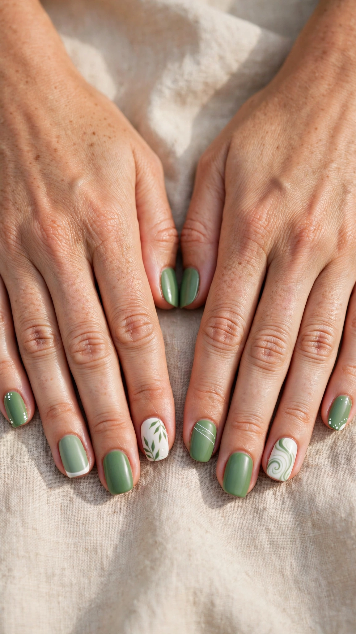 Rounded Square Pistachio Green and Sage Nail Designs with a satin finish and a white and sage combo