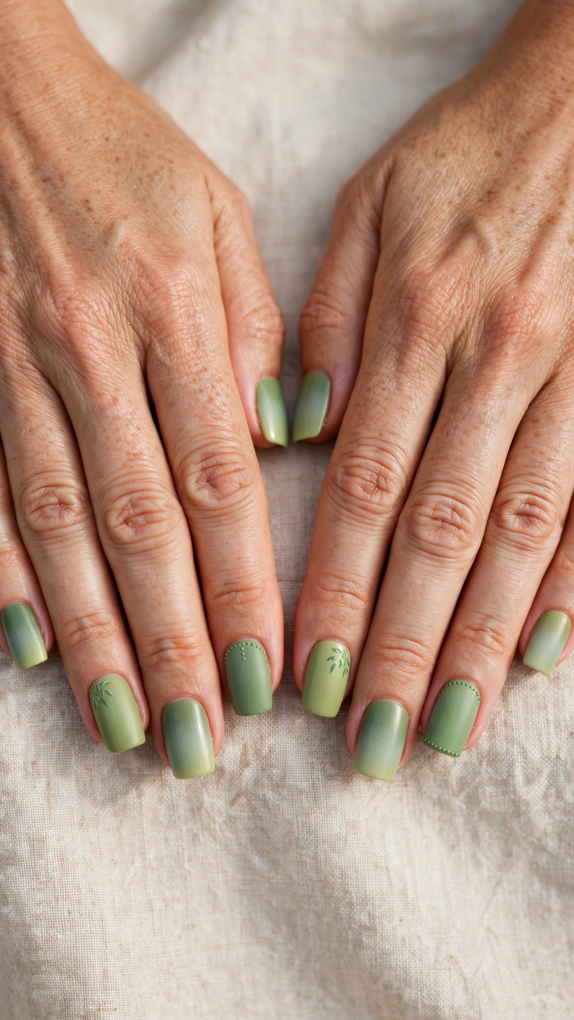 Square Pistachio Green and Sage Nail Designs with a satin finish and a sage ombre fade