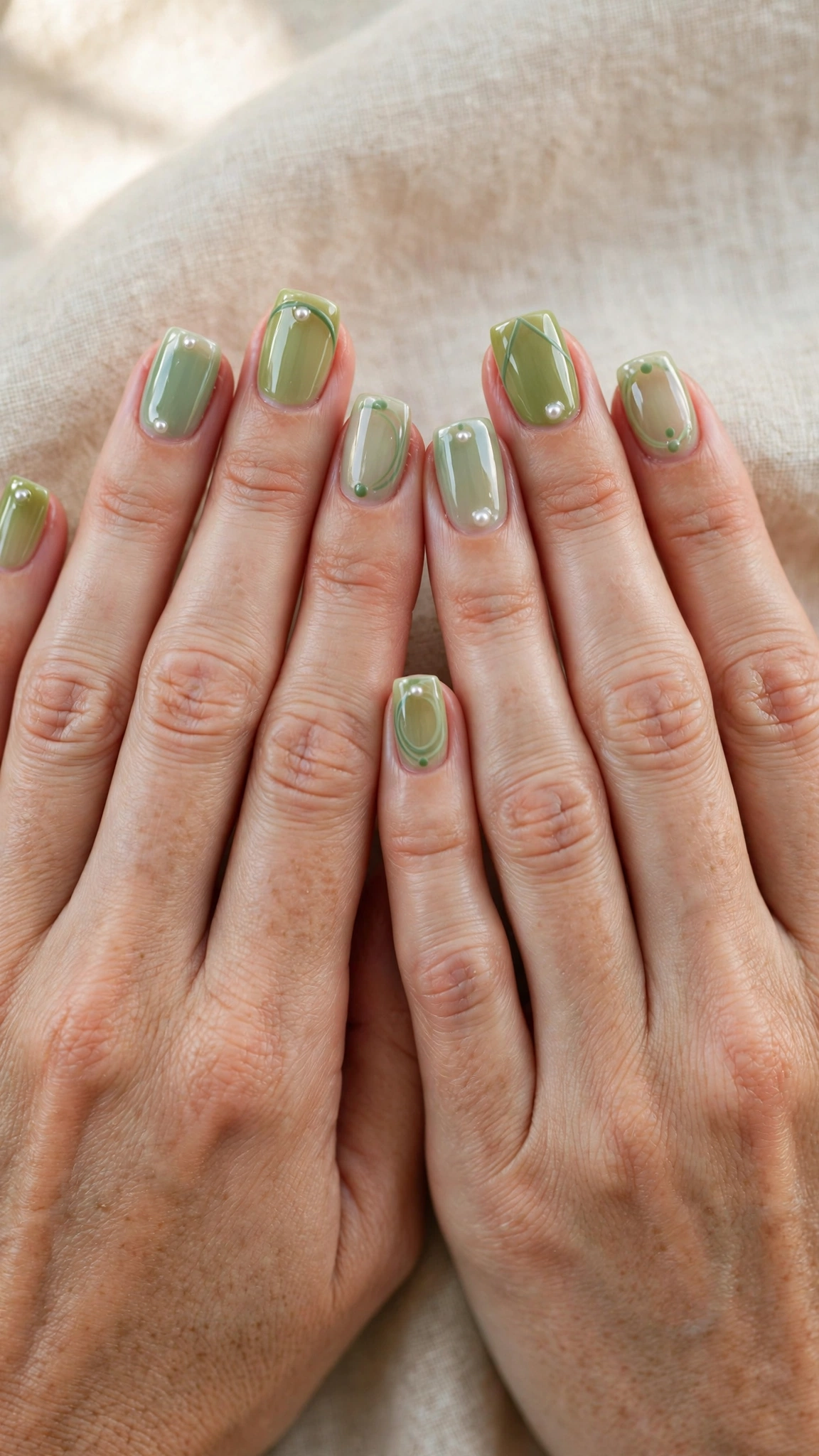 Short Square Pistachio Green and Sage Nail Designs with a sheer finish and a pearl dot