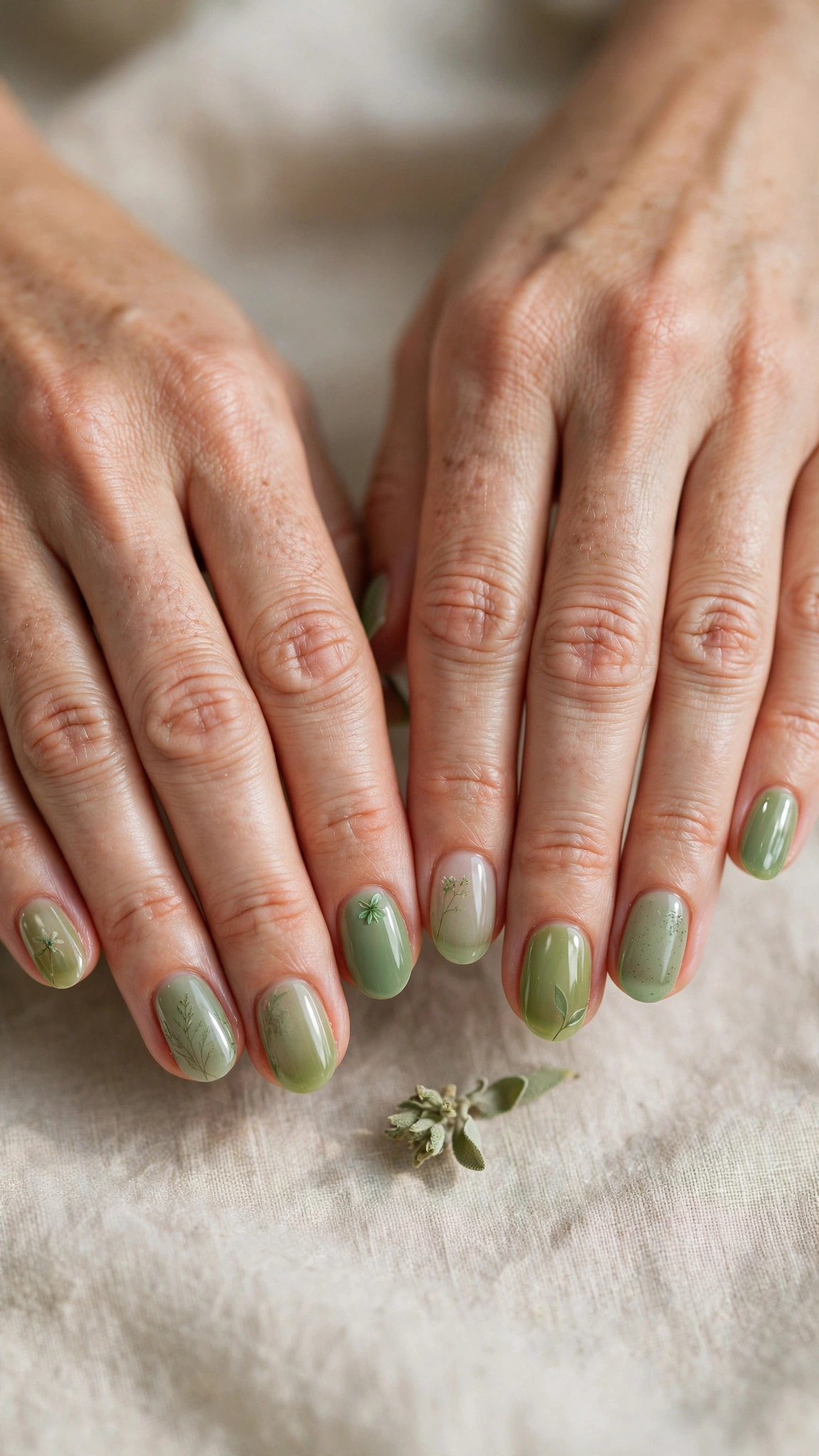 Round Pistachio Green and Sage Nail Designs with a sheer finish and a tiny sage flower