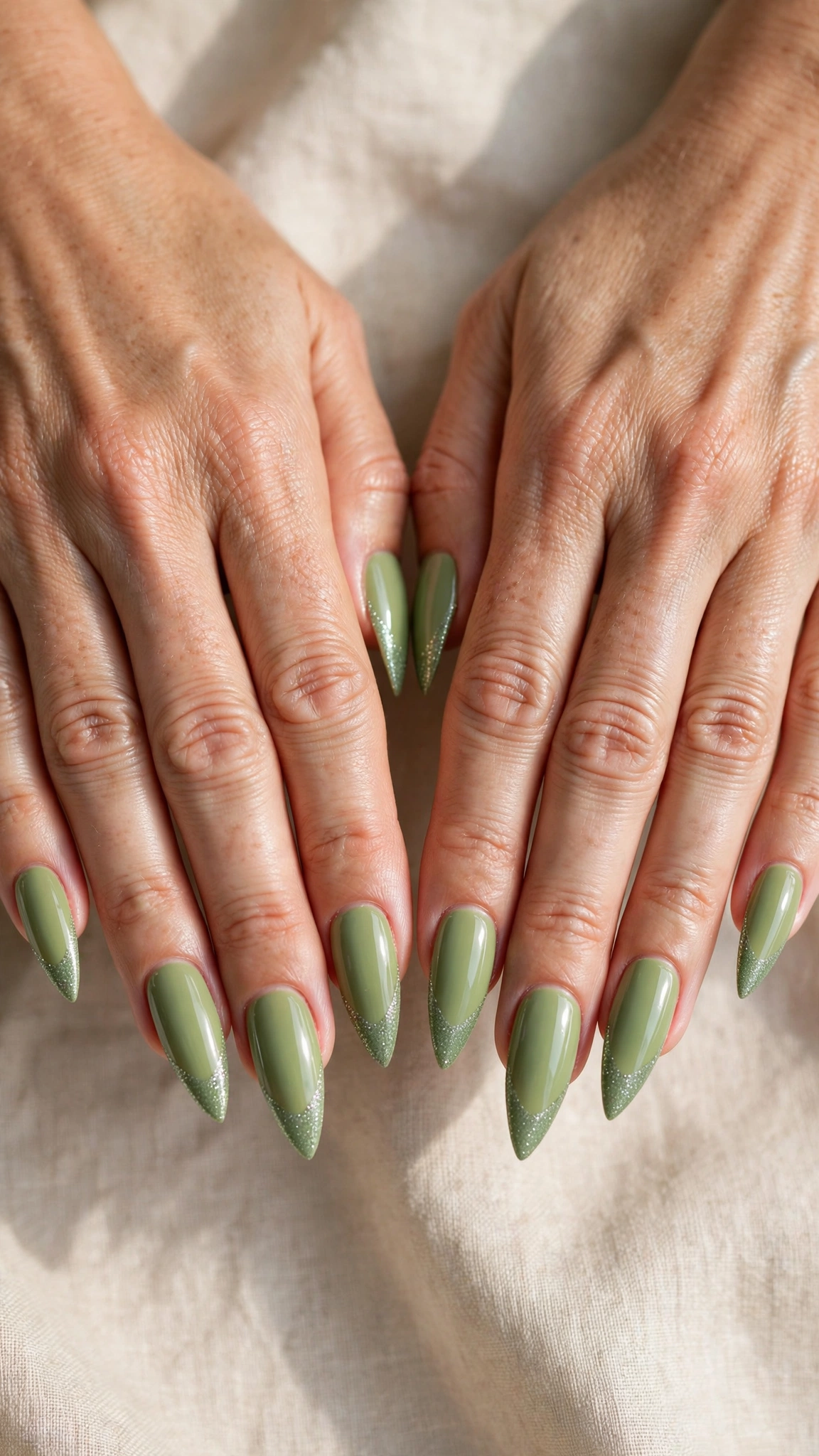 Soft Stiletto Pistachio Green and Sage Nail Designs with a glossy finish and sage glitter tips