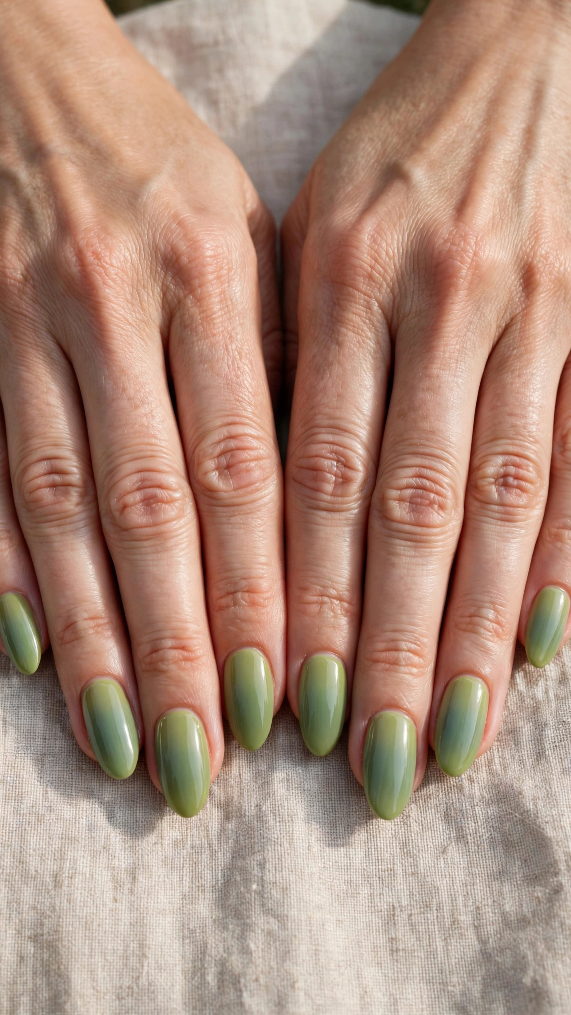 Almond Pistachio Green and Sage Nail Designs with a glossy finish and a sage gradient tip
