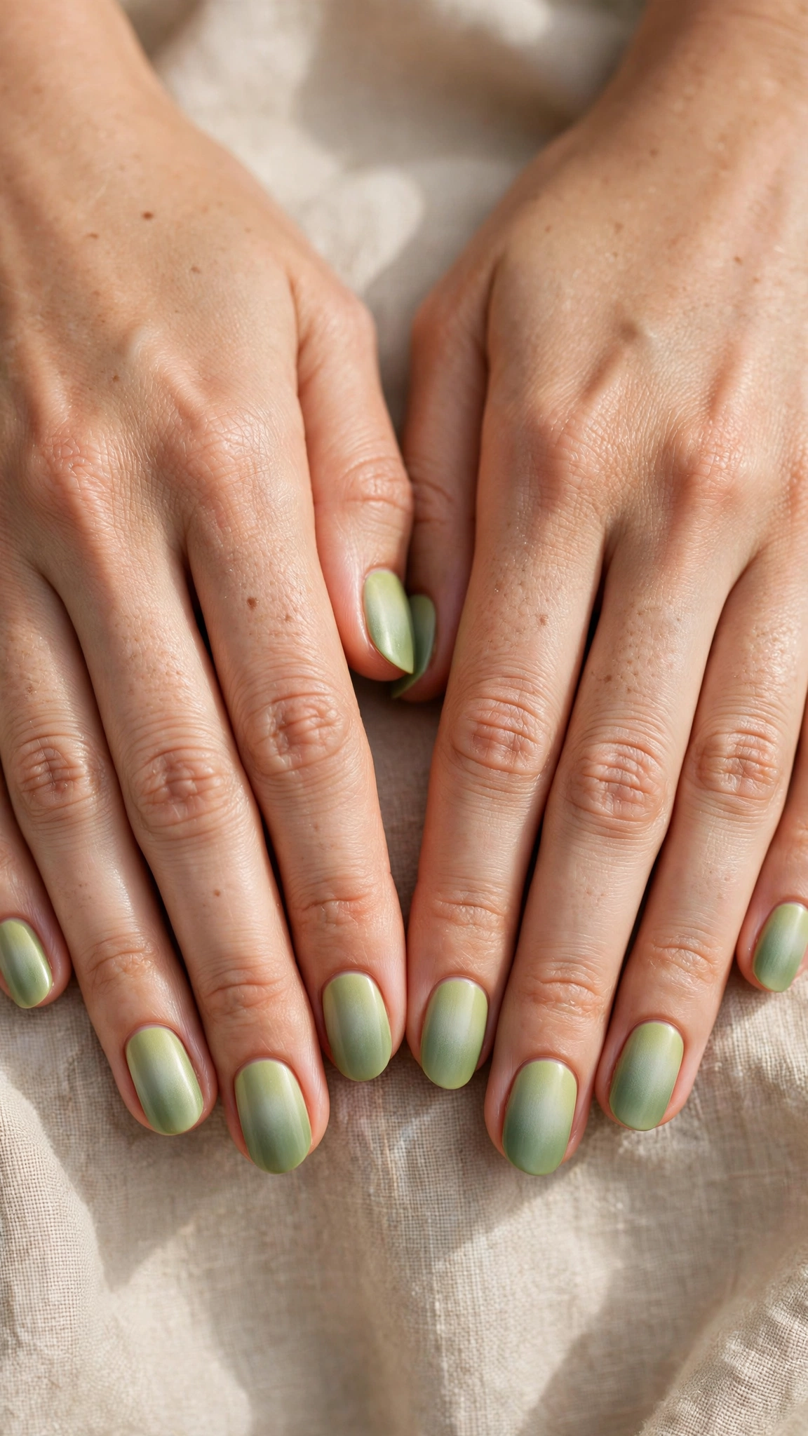 Short Oval Pistachio Green and Sage Nail Designs with a satin finish and a sage ombre fade