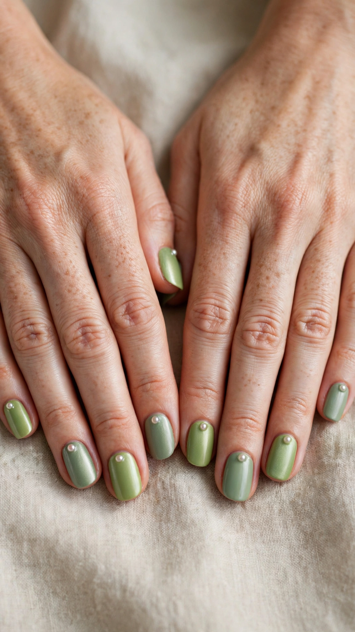 Rounded Square Pistachio Green and Sage Nail Designs with a satin finish and a pearl dot