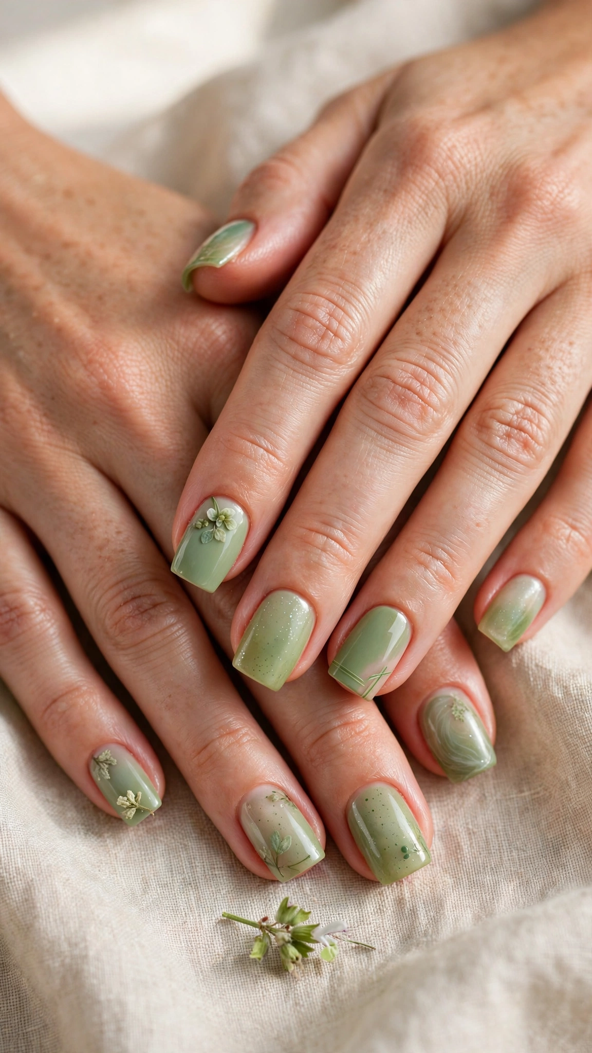 Square Pistachio Green and Sage Nail Designs with a sheer finish and a tiny sage flower