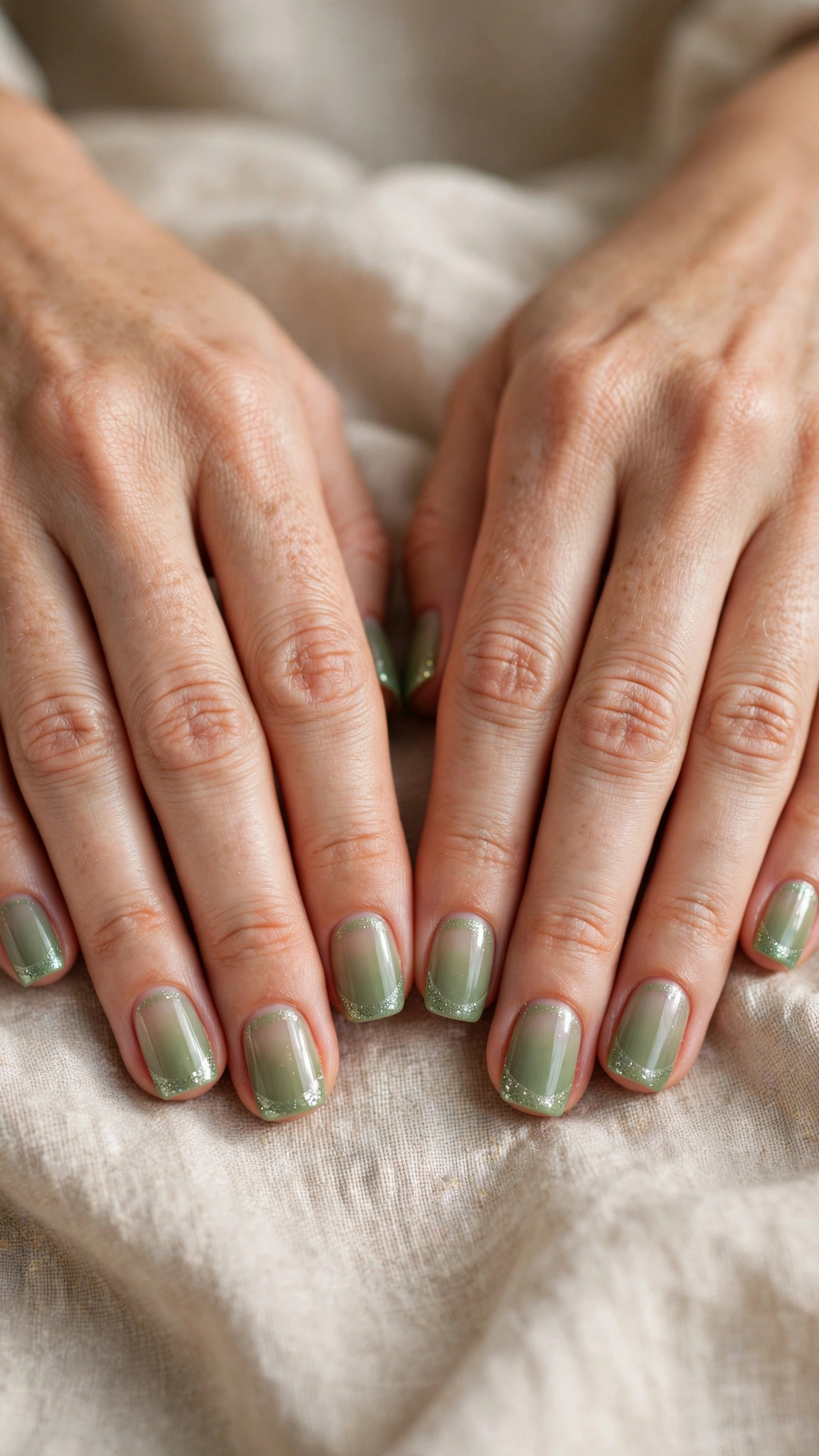 Short Square Pistachio Green and Sage Nail Designs with a sheer finish and sage glitter tips