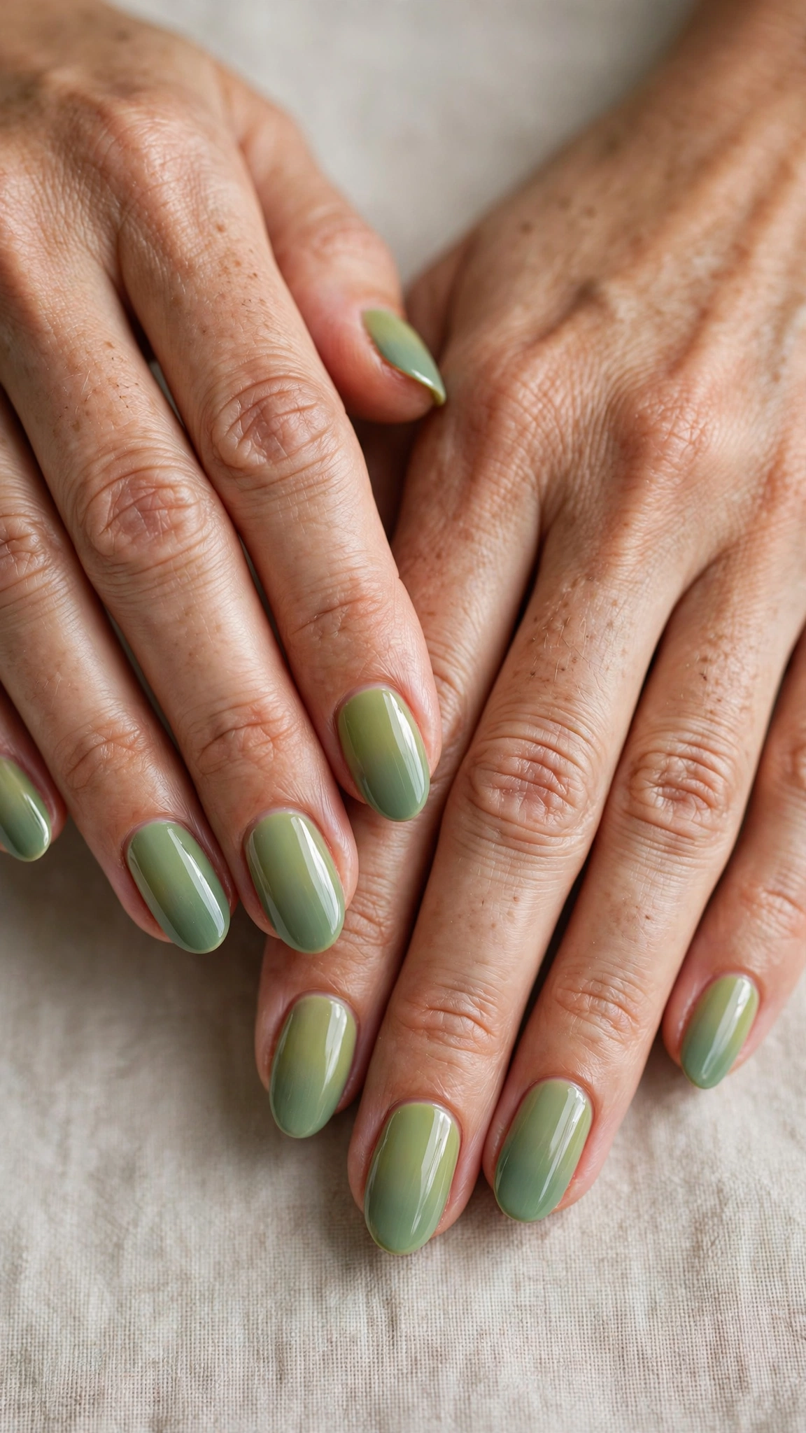 Round Pistachio Green and Sage Nail Designs with a glossy finish and a sage gradient tip