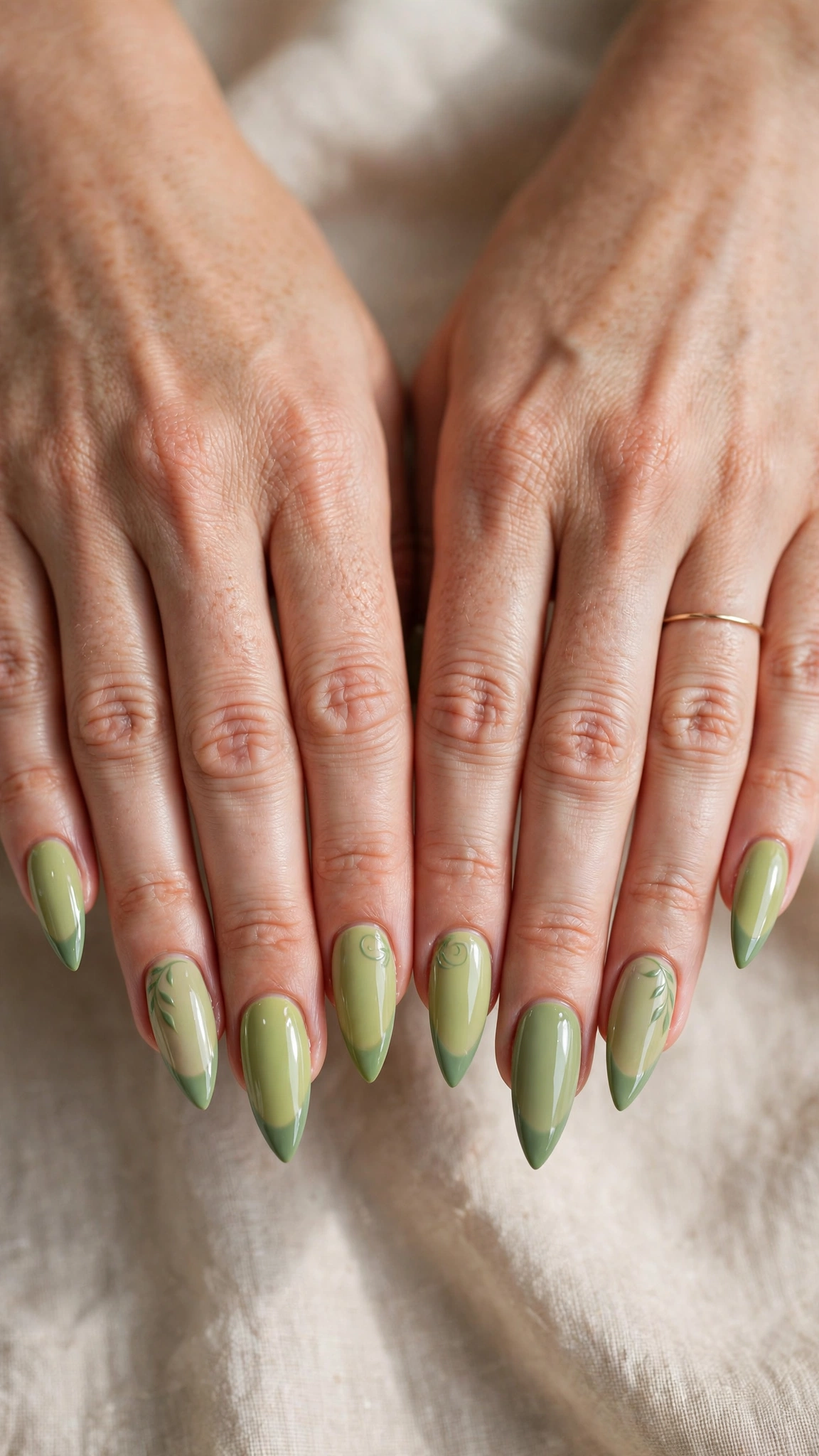 Soft Stiletto Pistachio Green and Sage Nail Designs with a glossy finish and sage tips