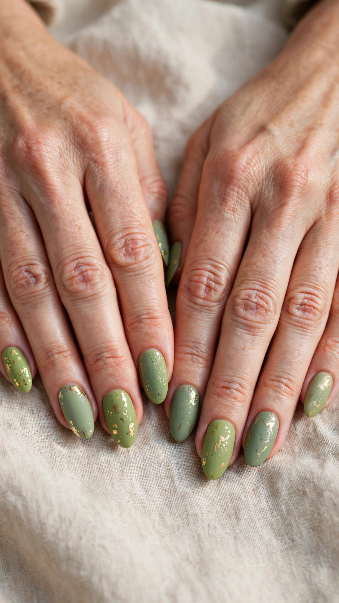Almond Pistachio Green and Sage Nail Designs with a matte finish and a gold foil fleck