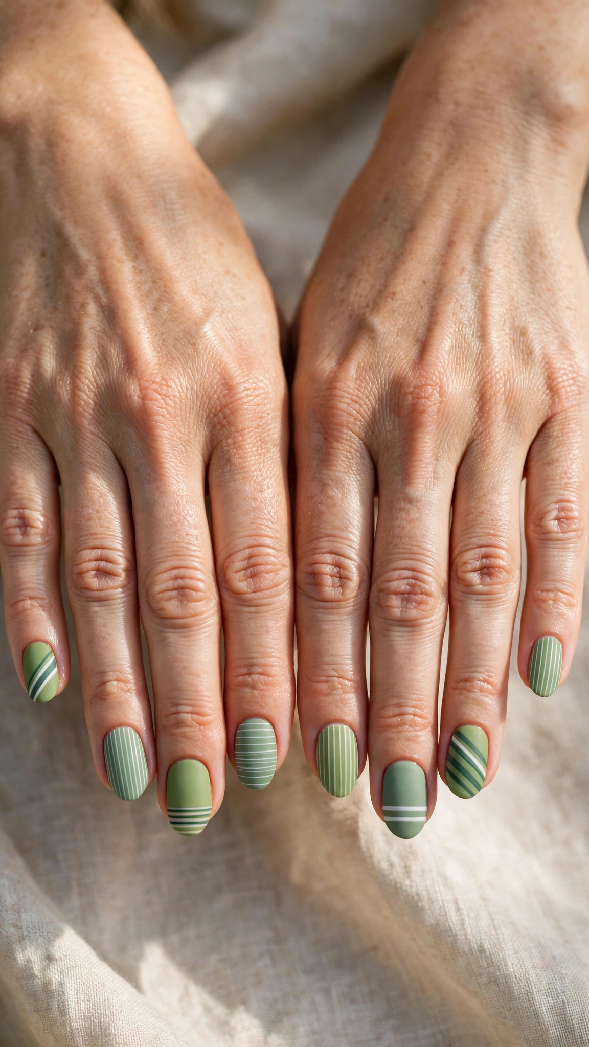 Oval Pistachio Green and Sage Nail Designs with a matte finish and sage and white stripes