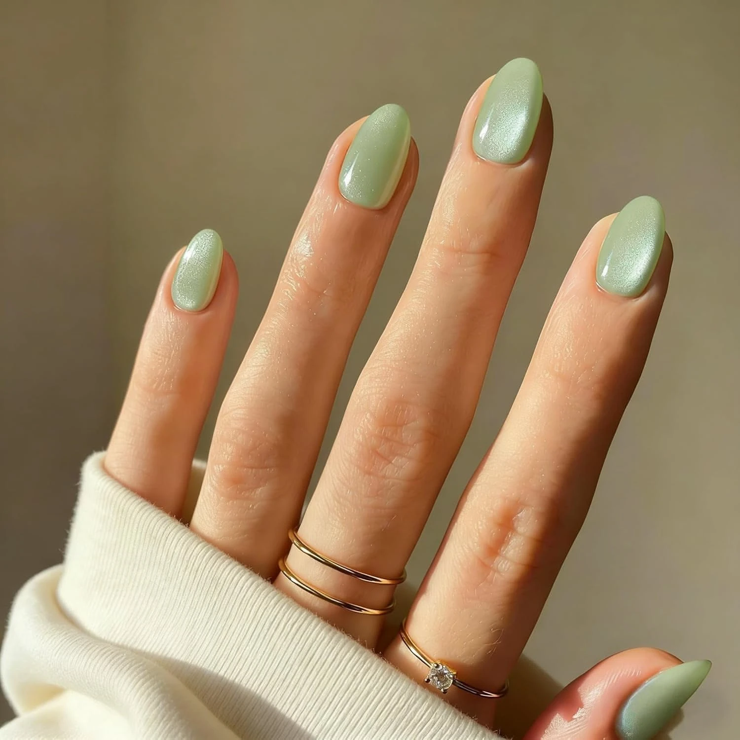 30 Pistachio Green Glazed Nails for March Everyday Wear That Are Fresh, Chic and Easy to Wear 2 Almond Pistachio Green Glazed Nails with a glazed finish and a subtle shimmer