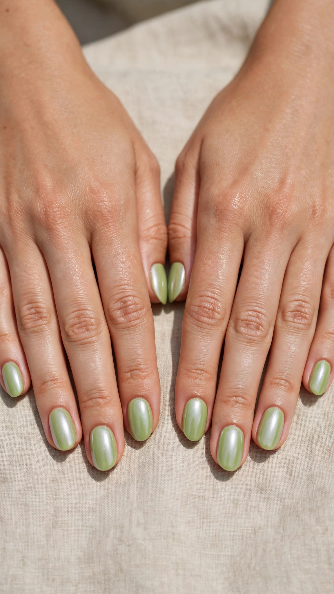 30 Pistachio Green Glazed Nails for March Everyday Wear That Are Fresh, Chic and Easy to Wear 3 Oval Pistachio Green Glazed Nails with a glazed finish and a pearl glow