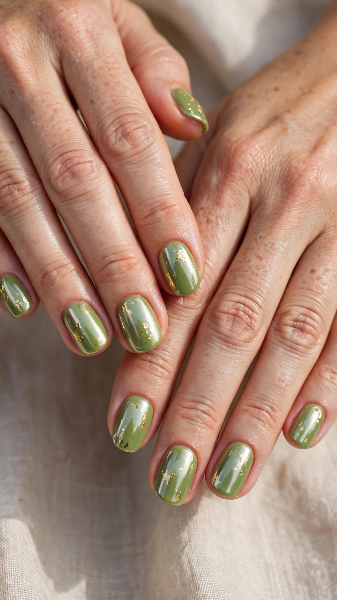 30 Pistachio Green Glazed Nails for March Everyday Wear That Are Fresh, Chic and Easy to Wear 5 Rounded Square Pistachio Green Glazed Nails with a chrome-glazed finish and a gold foil fleck