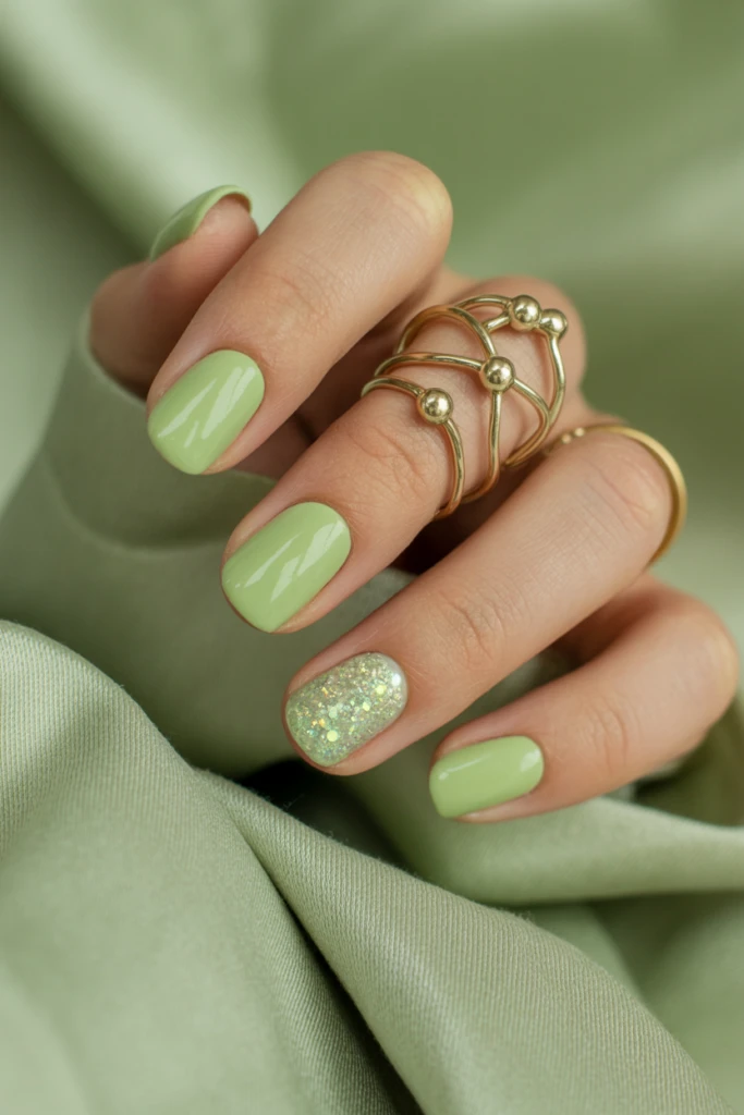 30 Pistachio Green Glazed Nails for March Everyday Wear That Are Fresh, Chic and Easy to Wear 8 Round Pistachio Green Glazed Nails with a glassy glazed finish and a barely-there glitter