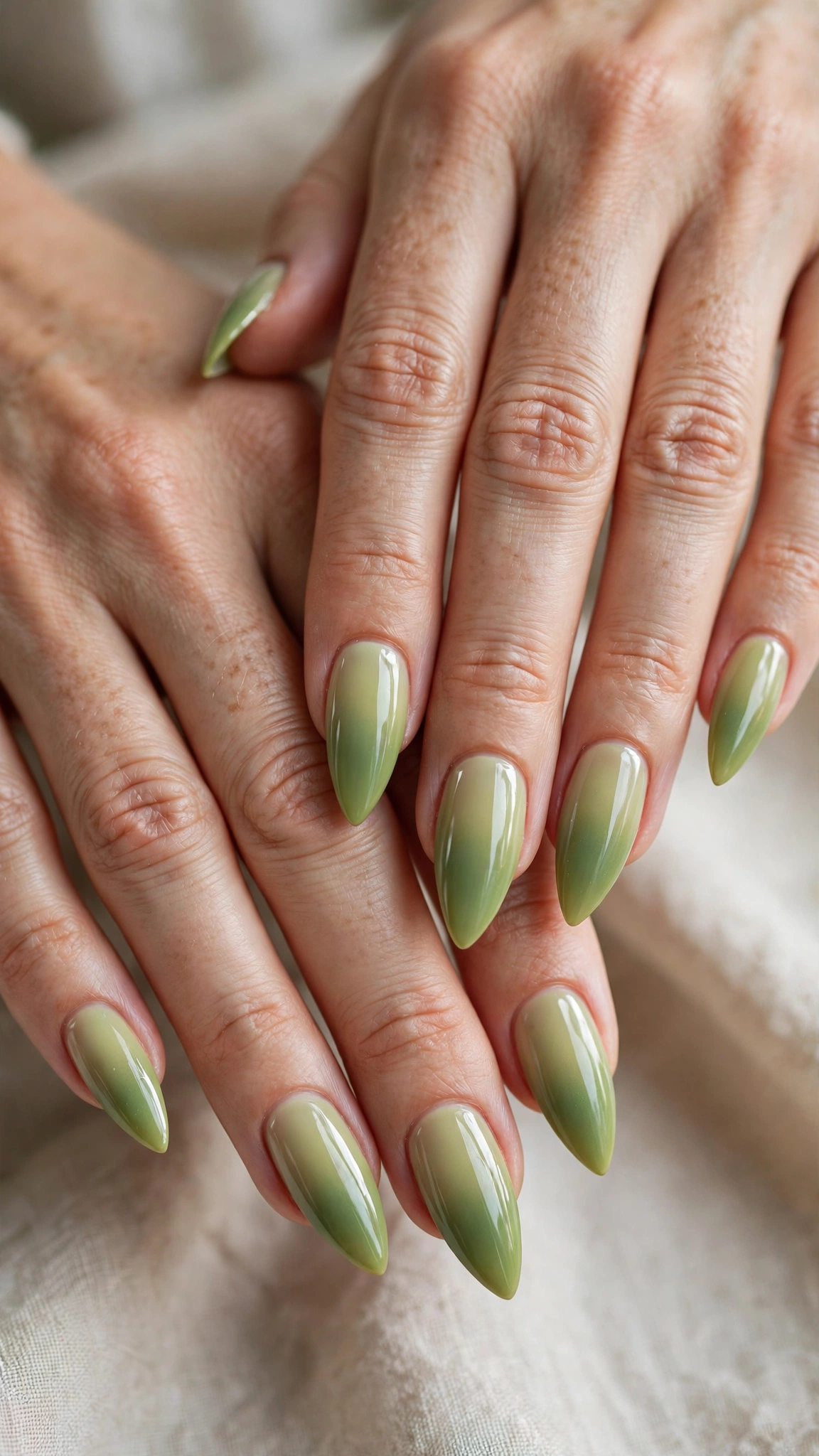 30 Pistachio Green Glazed Nails for March Everyday Wear That Are Fresh, Chic and Easy to Wear 9 Soft Stiletto Pistachio Green Glazed Nails with a glassy glazed finish and a soft gradient