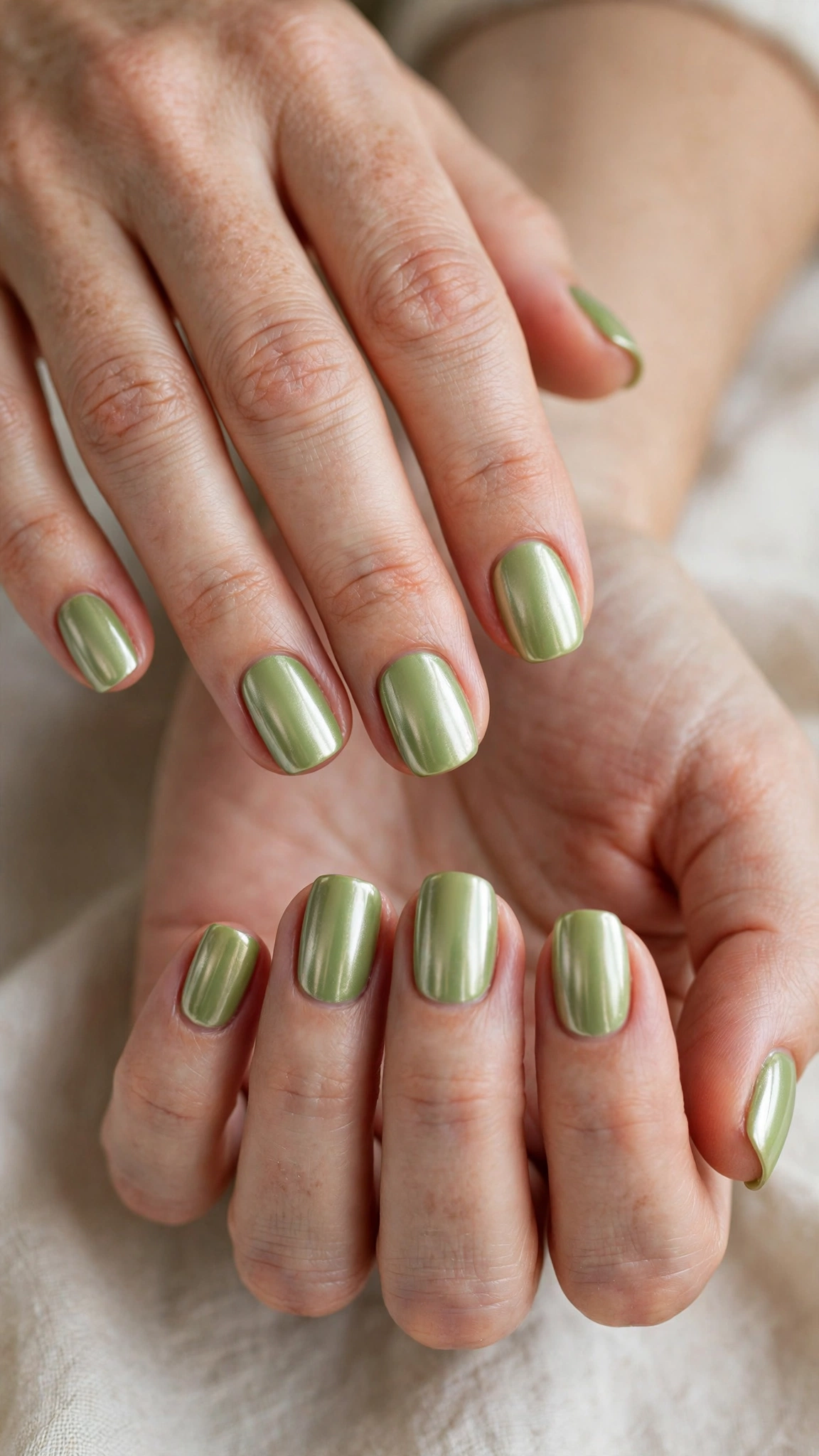 30 Pistachio Green Glazed Nails for March Everyday Wear That Are Fresh, Chic and Easy to Wear 13 Rounded Square Pistachio Green Glazed Nails with a chrome-glazed finish and a creamy base