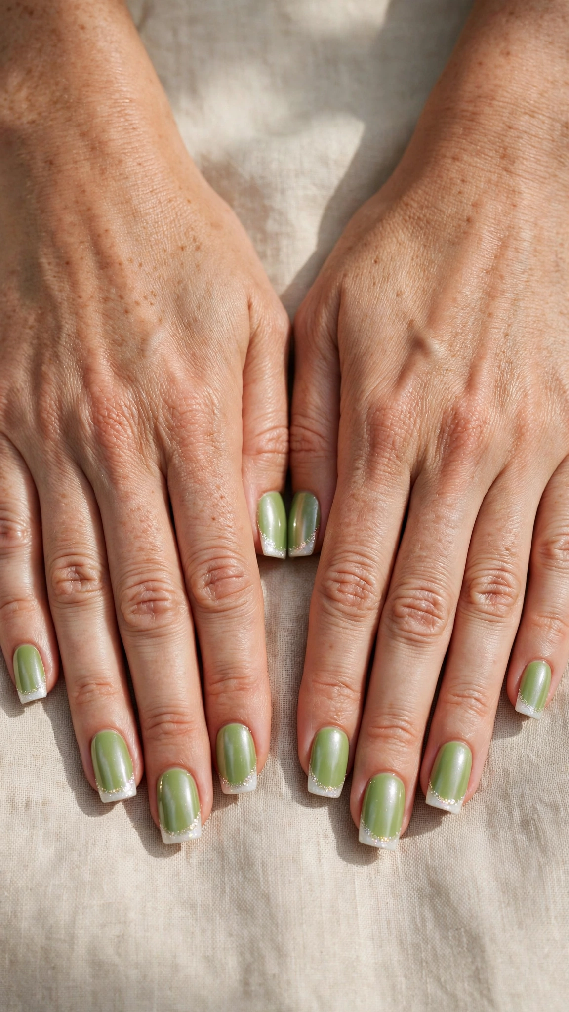 30 Pistachio Green Glazed Nails for March Everyday Wear That Are Fresh, Chic and Easy to Wear 14 Square Pistachio Green Glazed Nails with a pearl-glazed finish and a white shimmer tip