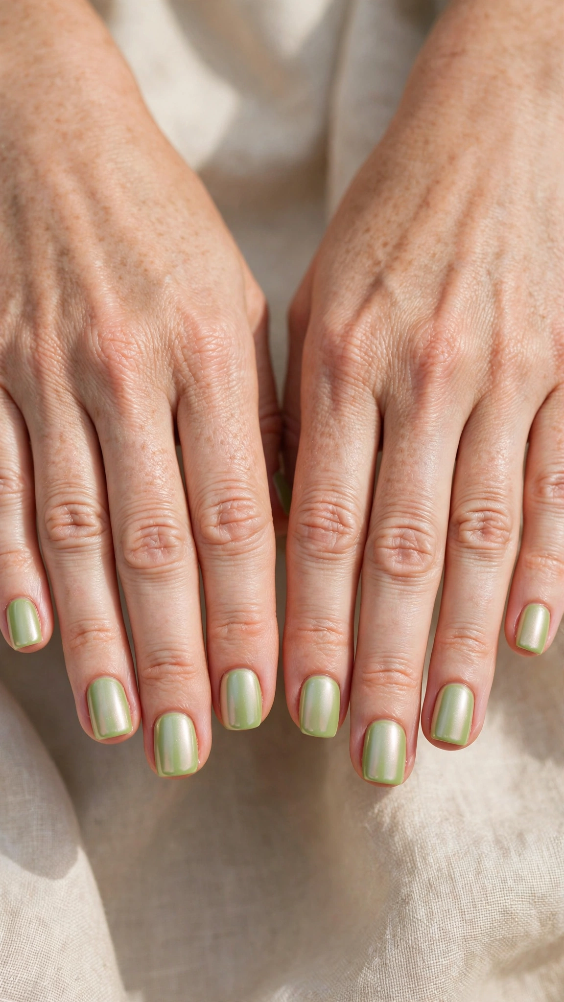 30 Pistachio Green Glazed Nails for March Everyday Wear That Are Fresh, Chic and Easy to Wear 15 Short Square Pistachio Green Glazed Nails with a pearl-glazed finish and a blush base