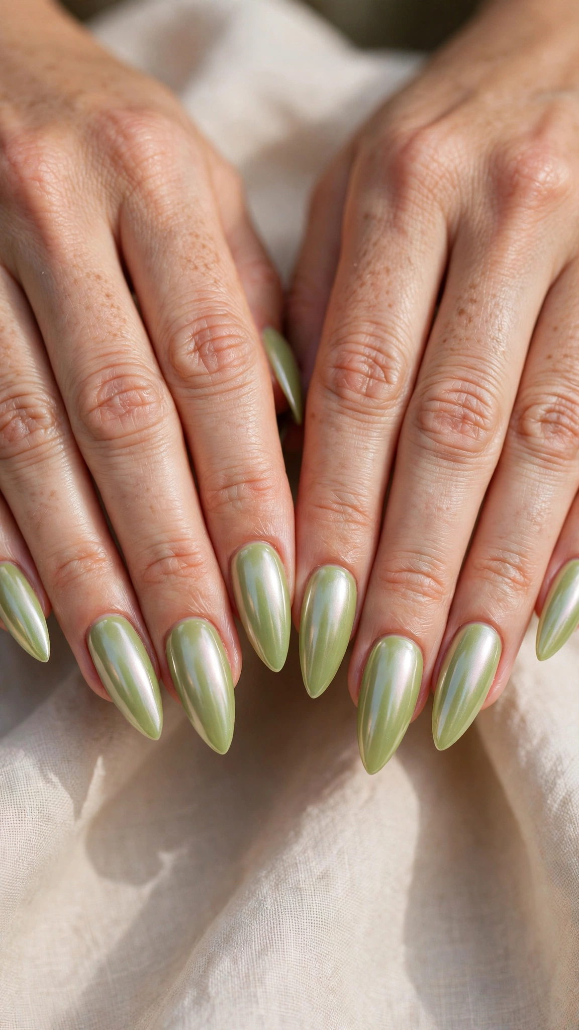 30 Pistachio Green Glazed Nails for March Everyday Wear That Are Fresh, Chic and Easy to Wear 17 Soft Stiletto Pistachio Green Glazed Nails with a glassy glazed finish and a pearl glow
