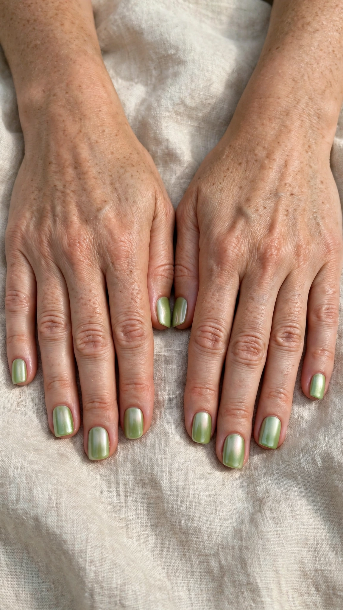 30 Pistachio Green Glazed Nails for March Everyday Wear That Are Fresh, Chic and Easy to Wear 23 Short Square Pistachio Green Glazed Nails with a pearl-glazed finish and a soft gradient