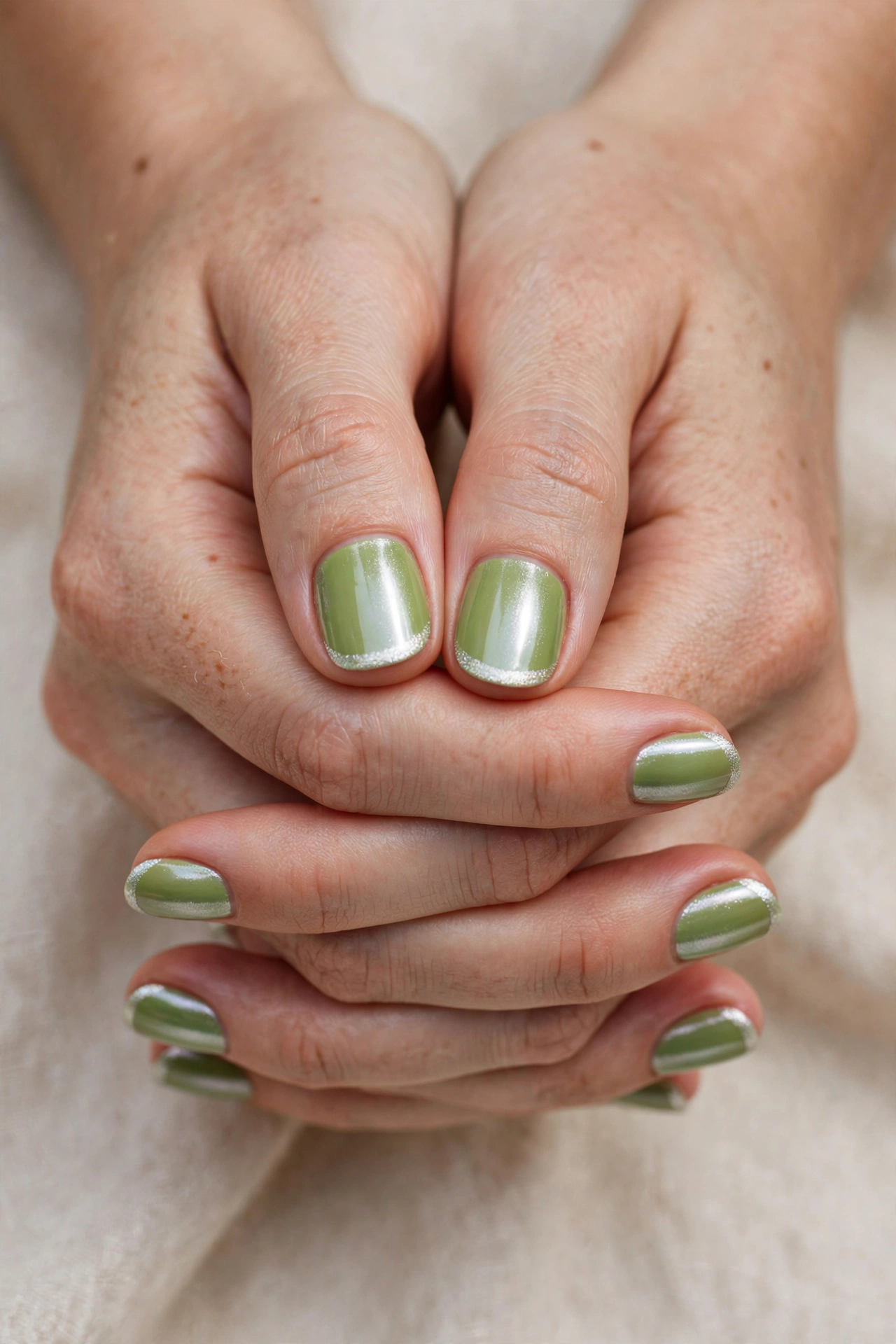 30 Pistachio Green Glazed Nails for March Everyday Wear That Are Fresh, Chic and Easy to Wear 28 Short Oval Pistachio Green Glazed Nails with a chrome-glazed finish and a white shimmer tip