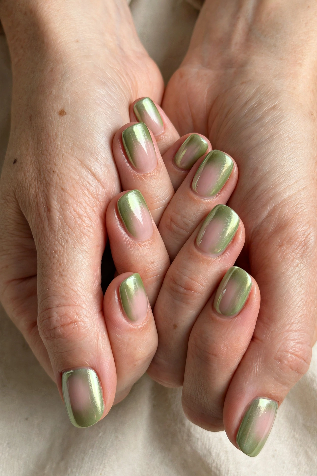 30 Pistachio Green Glazed Nails for March Everyday Wear That Are Fresh, Chic and Easy to Wear 29 Rounded Square Pistachio Green Glazed Nails with a chrome-glazed finish and a blush base