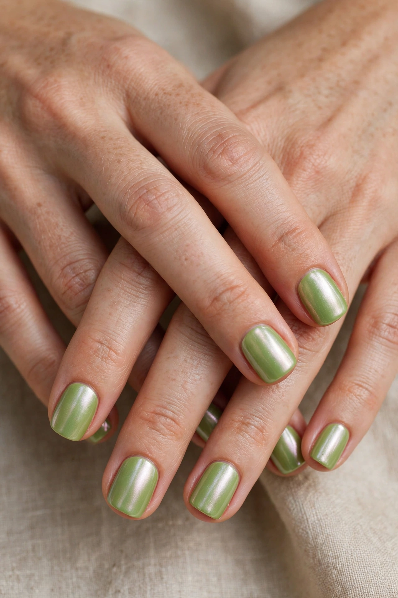 30 Pistachio Green Glazed Nails for March Everyday Wear That Are Fresh, Chic and Easy to Wear 31 Short Square Pistachio Green Glazed Nails with a pearl-glazed finish and a pearl glow