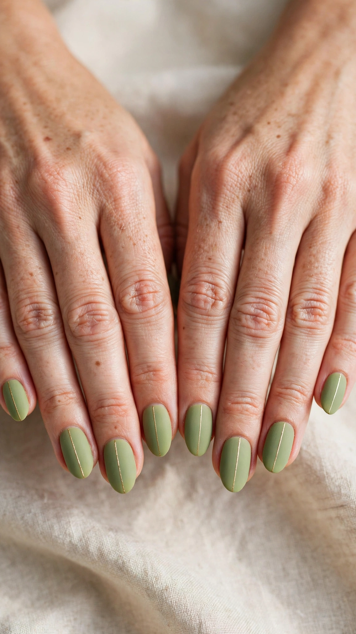 Almond Pistachio Green Matte Nails with a matte finish and a gold line