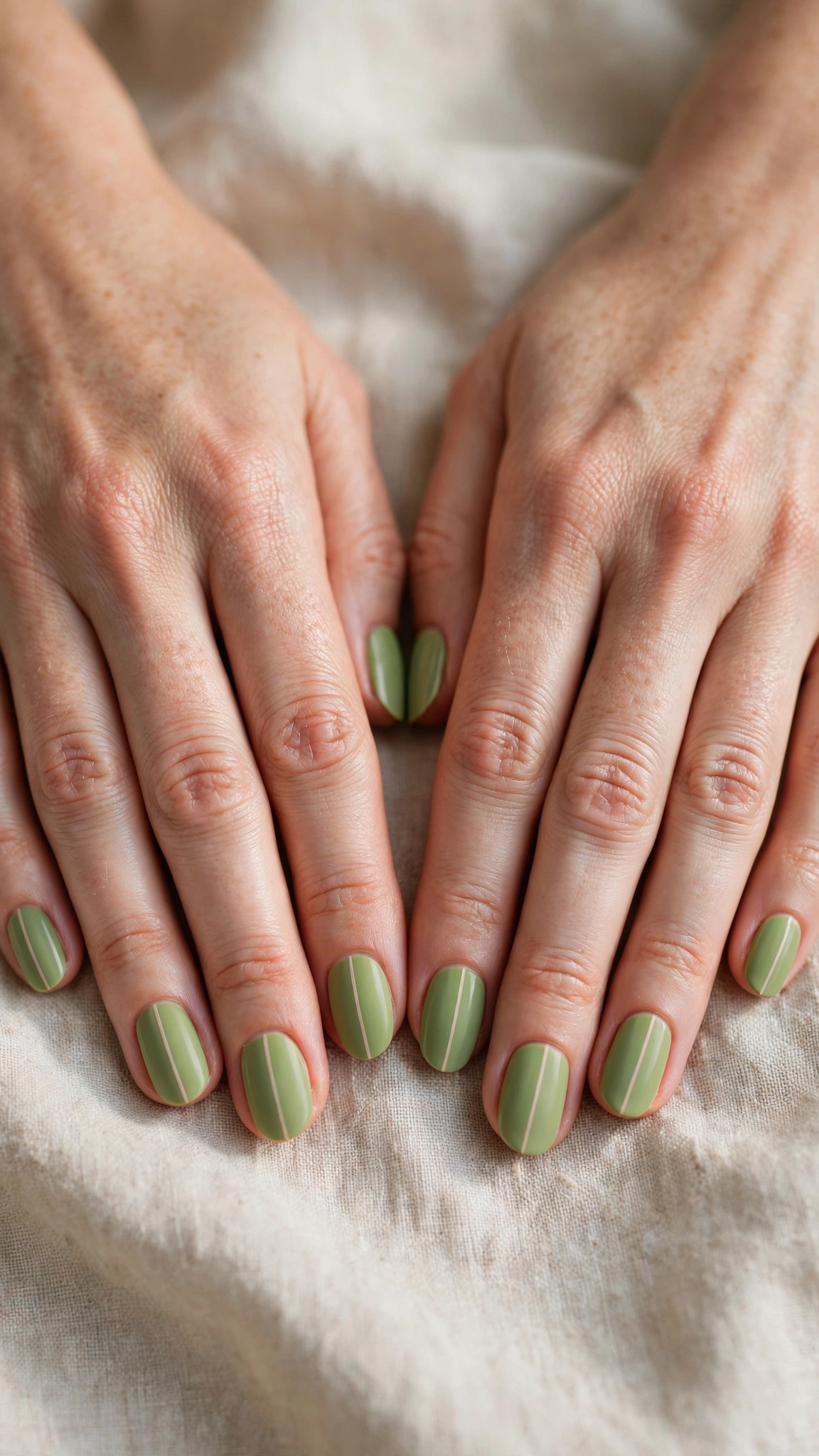 Oval Pistachio Green Matte Nails with a matte finish and a minimal stripe