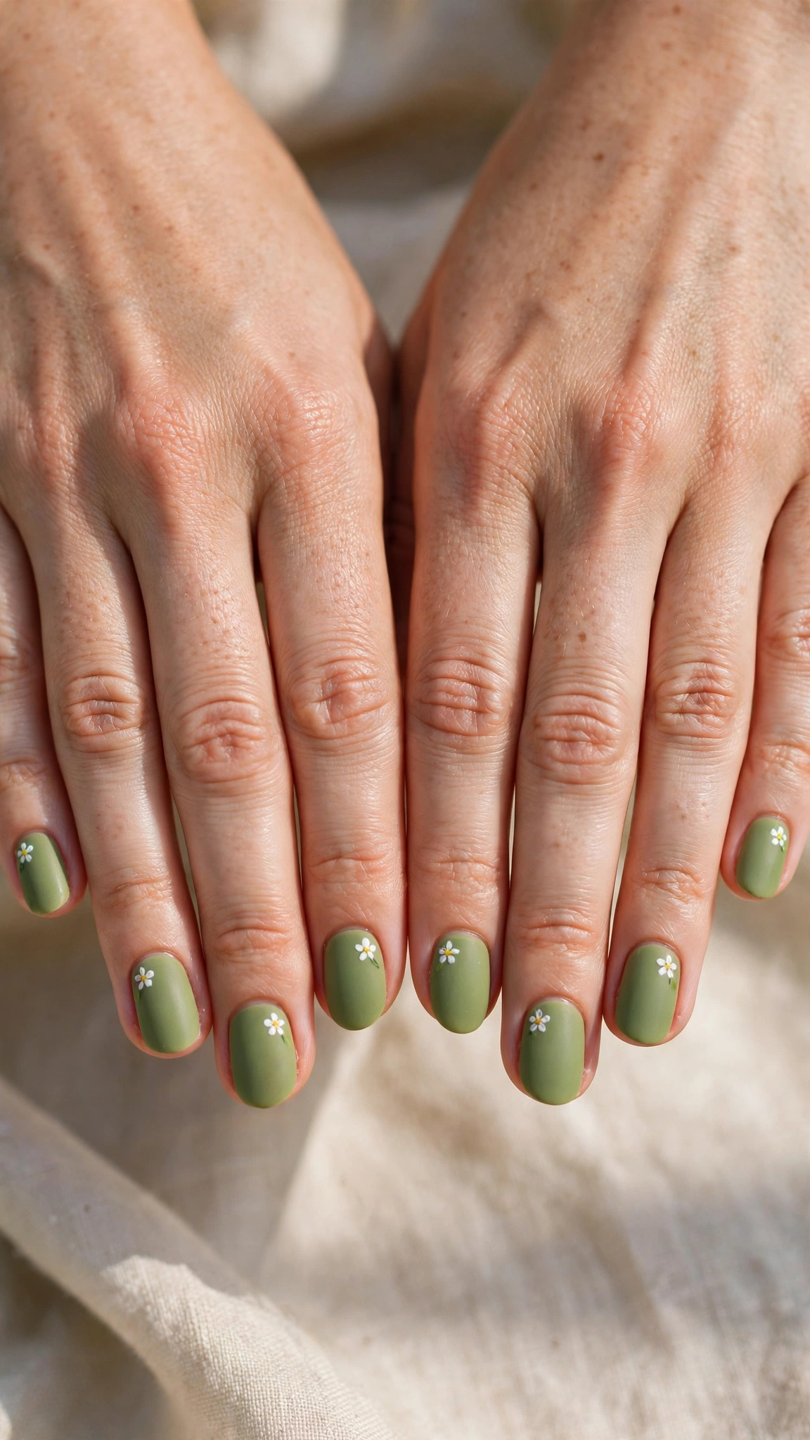 Short Oval Pistachio Green Matte Nails with a velvet-matte finish and a tiny flower