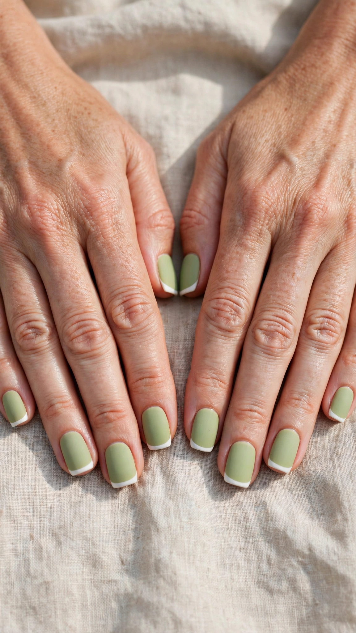 Square Pistachio Green Matte Nails with a matte finish and a white tip