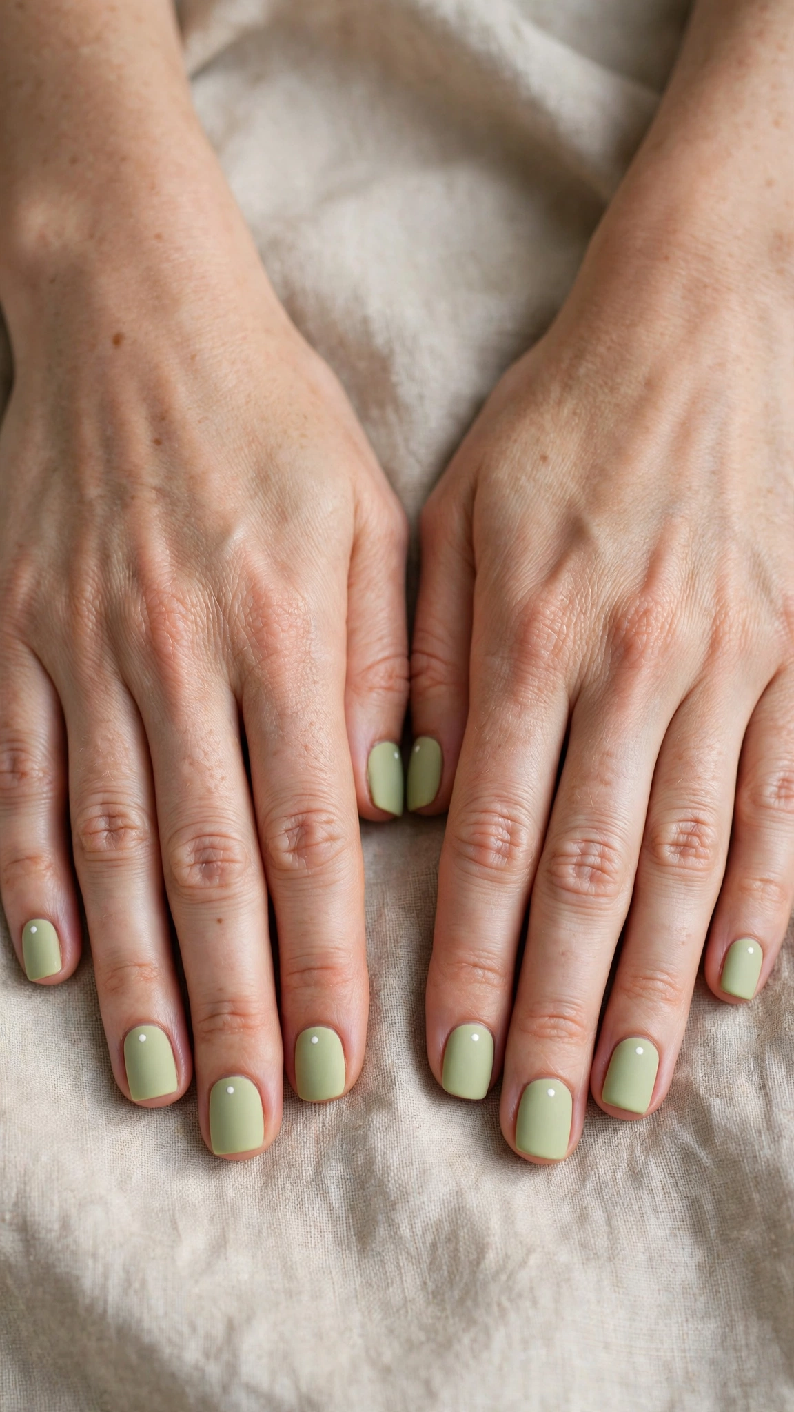 Short Square Pistachio Green Matte Nails with a matte finish and a tiny white dot