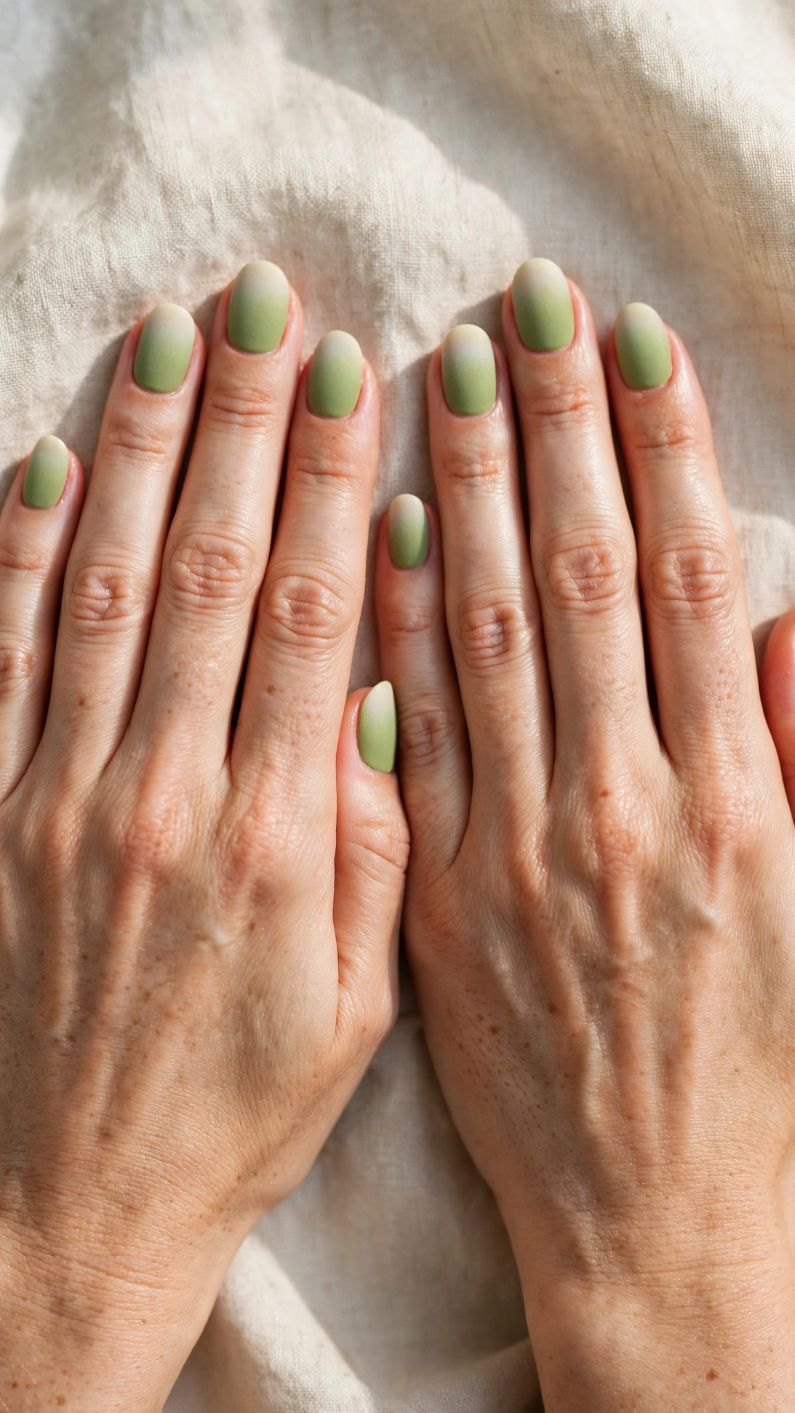 Round Pistachio Green Matte Nails with a velvet-matte finish and a soft ombre tip