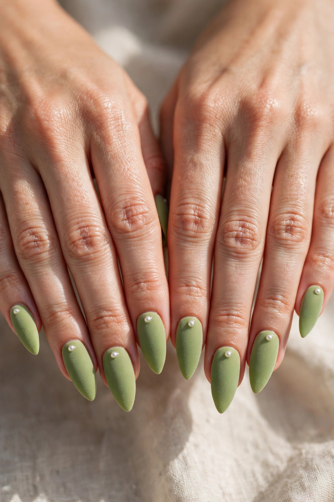 Soft Stiletto Pistachio Green Matte Nails with a velvet-matte finish and a pearl dot