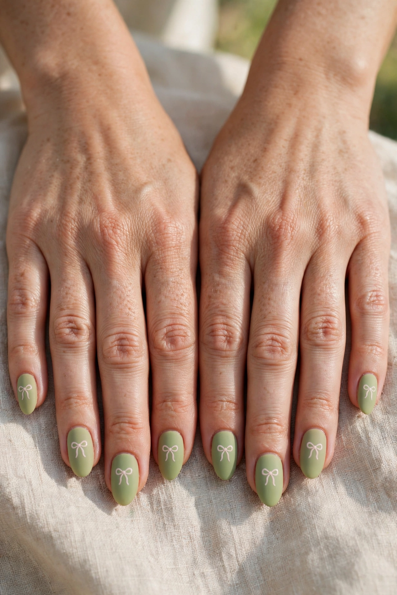 Almond Pistachio Green Matte Nails with a matte finish and a small bow