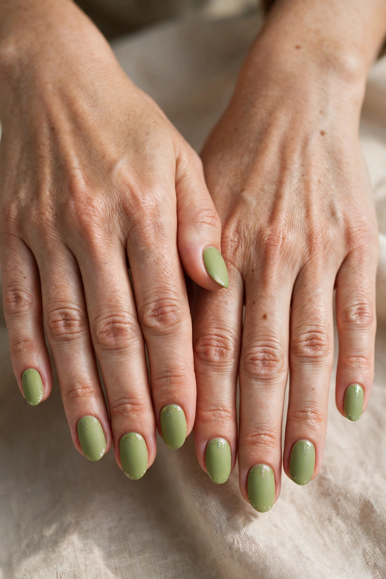 Oval Pistachio Green Matte Nails with a matte finish and a subtle glitter accent